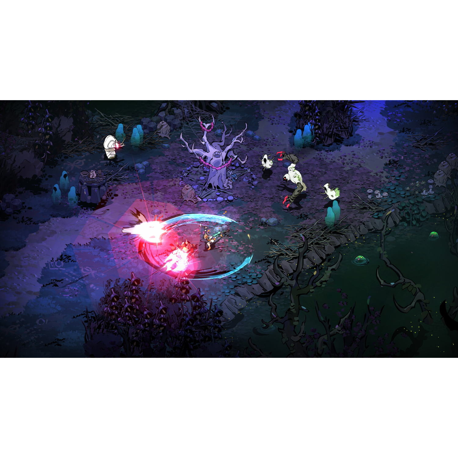 A vibrant action scene. A character is fighting with energy effects. Enemies surround them in a dark, fantastical forest setting.