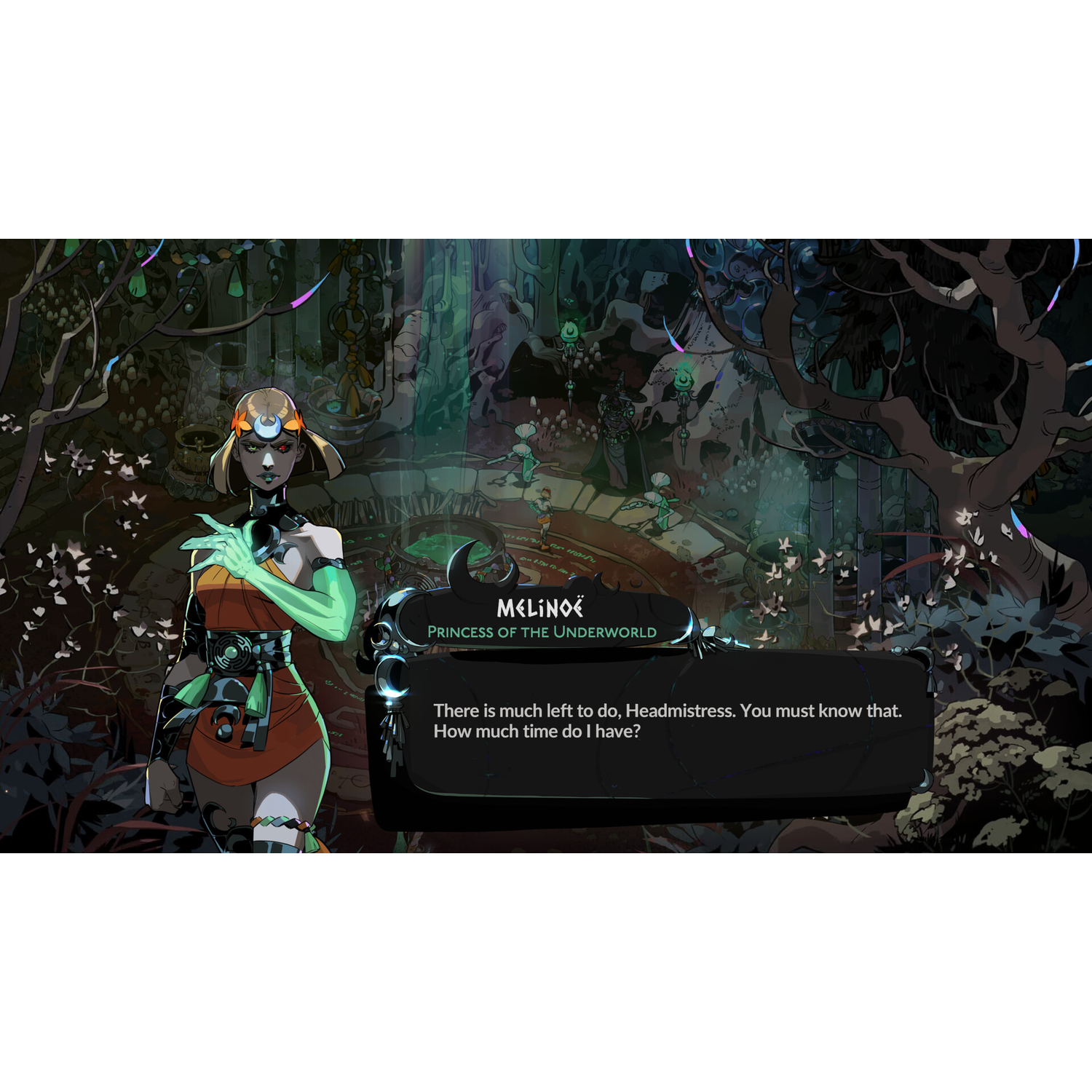 A woman in orange dress, with a glowing green arm, in a dark forest setting. Text bubble with 'Melinoë, Princess of the Underworld'.
