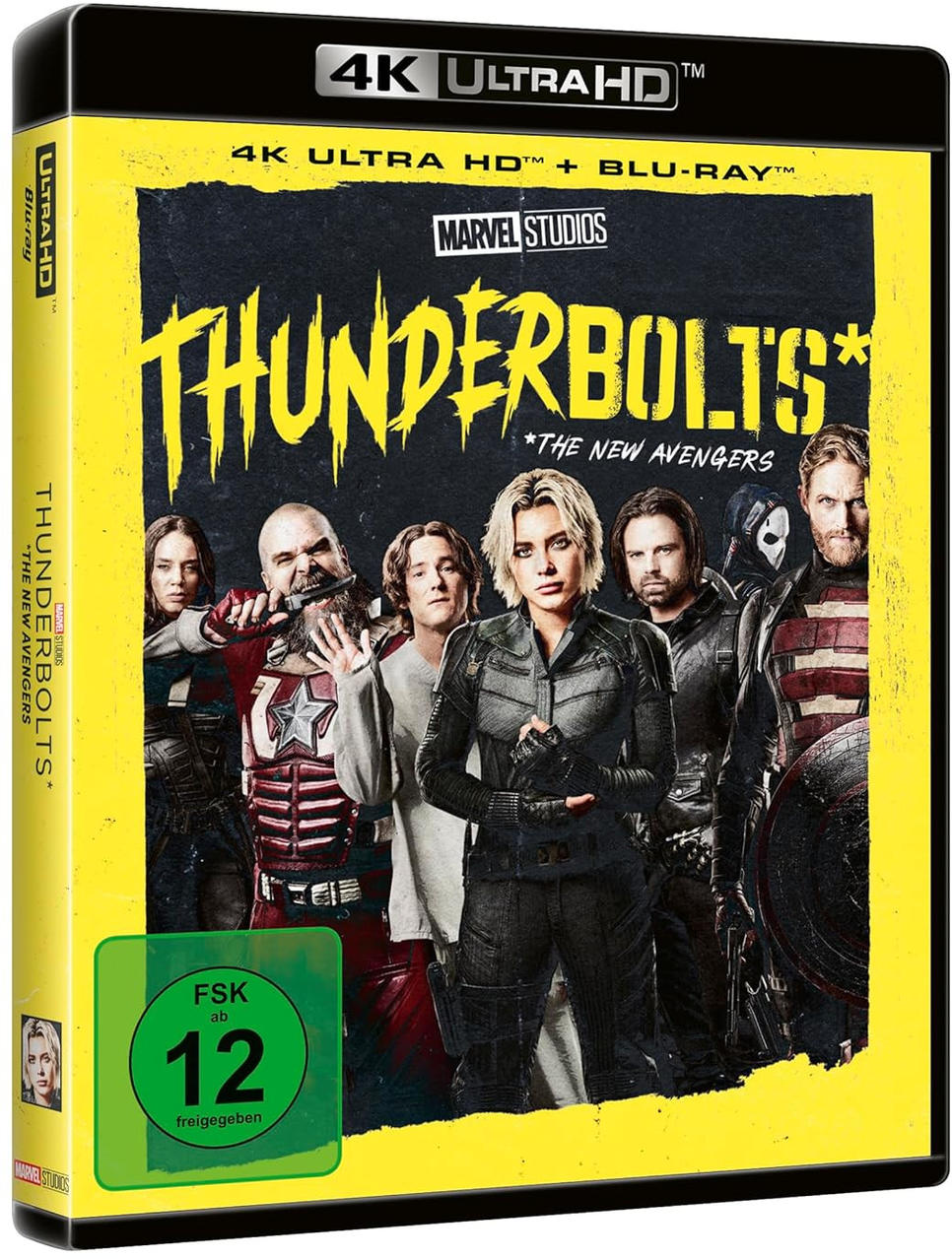 Blu-ray-Cover für den Film Thunderbolts. Eine Gruppe von Charakteren in Kostümen vor gelb-schwarzem Hintergrund. Bewertung: 12.