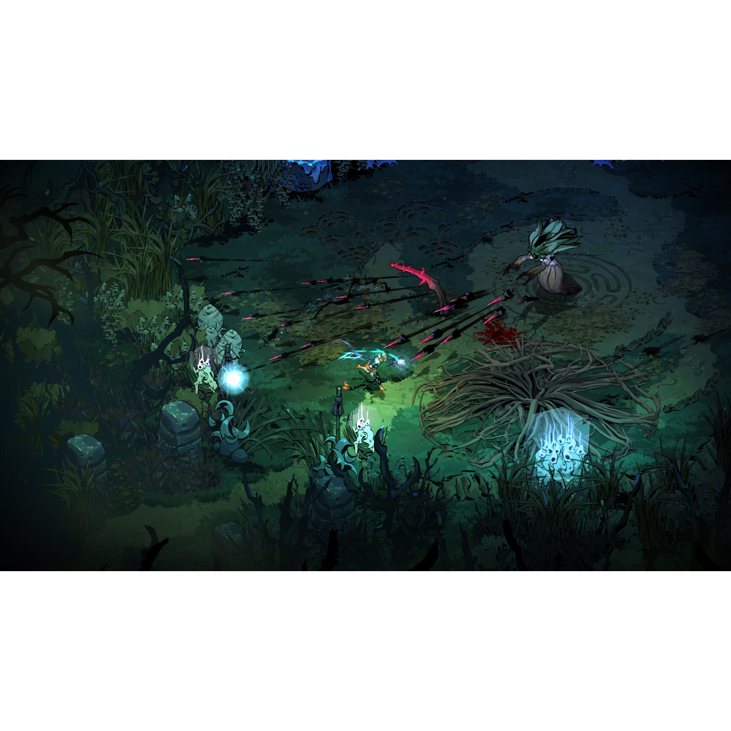 A fantasy scene with a character fighting in a swamp. Glowing creatures and plants surround the character, with dark trees in the background.