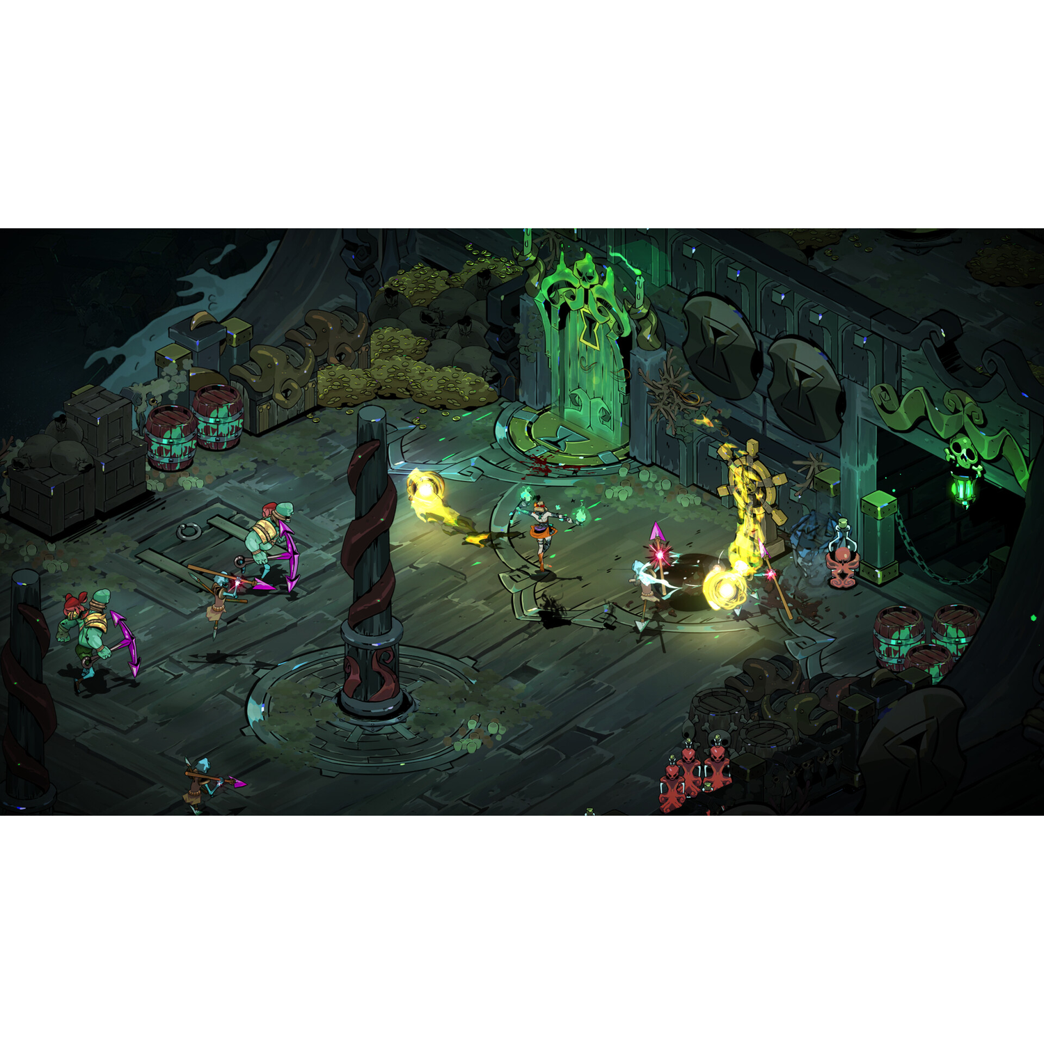Isometric view of a game scene. Figures fight in a dark room. Glowing effects, barrels, and pillars are visible.