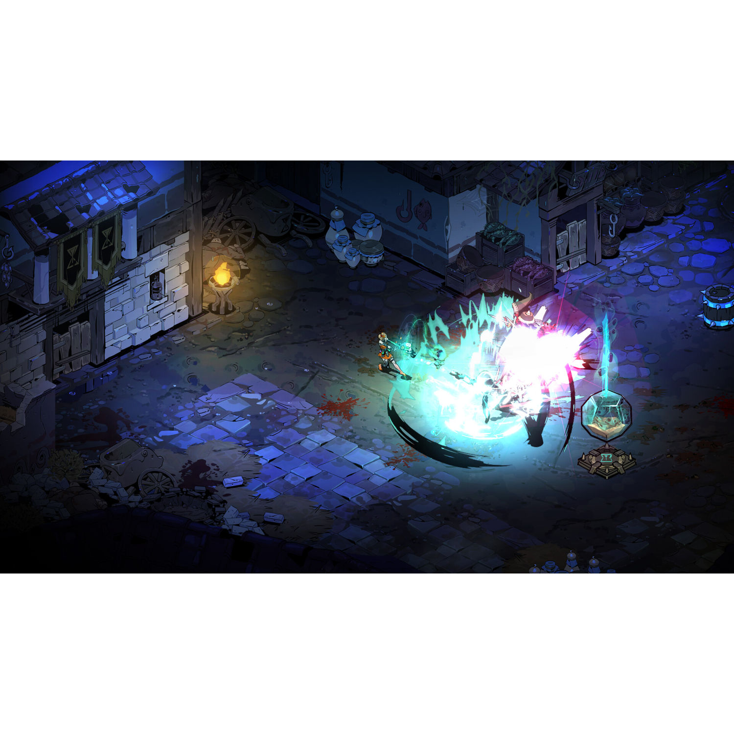 A video game scene shows a character battling with energy effects. Buildings and cobblestone ground surround the action.