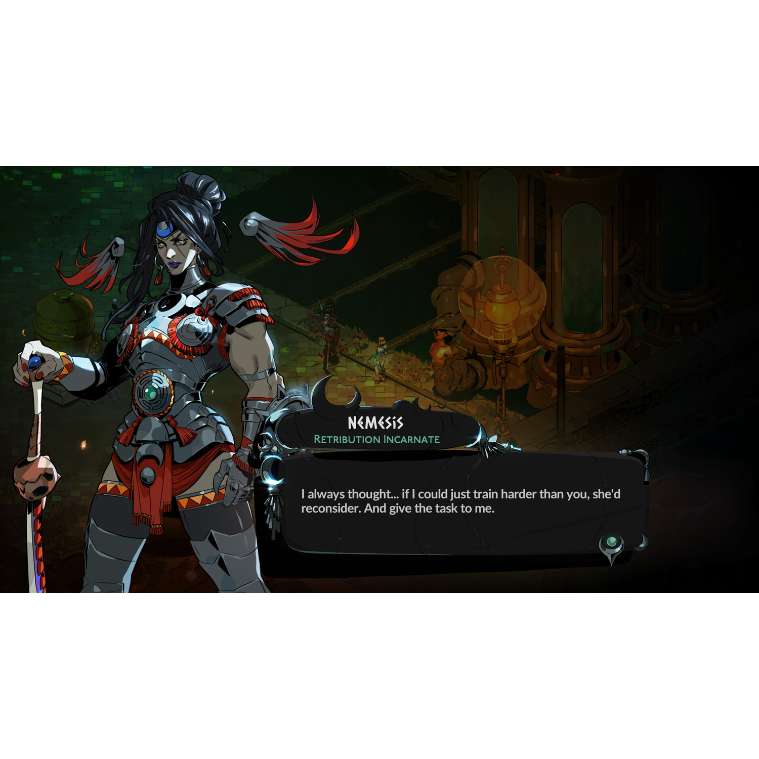 A female character in armor holds a sword. Text says 'Nemesis, Retribution Incarnate.' Dialogue appears on screen.