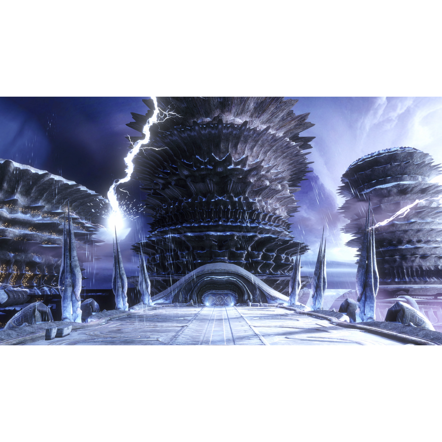 Paysage urbain futuriste avec de grandes structures pointues sous un ciel orageux. La foudre frappe le bâtiment central. La pluie tombe sur la ville.