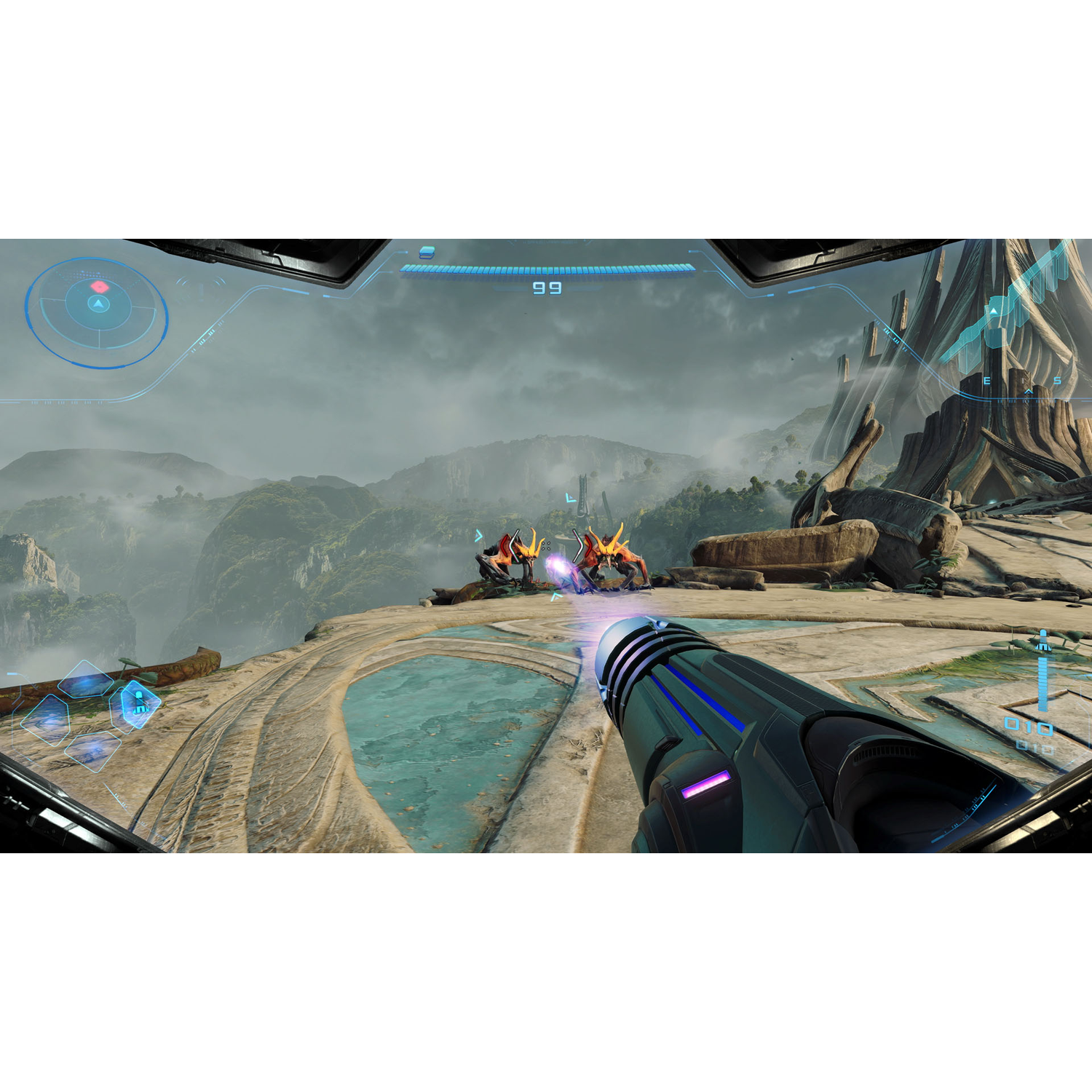 Vue à la première personne d'un jeu futuriste. Une arme est tenue, deux créatures sont au loin et un paysage montagneux en arrière-plan.