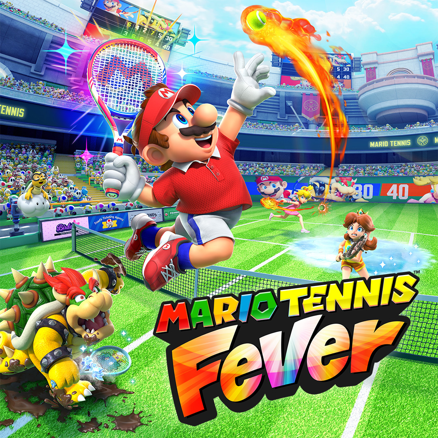 Mario playing tennis. He is jumping with a racket, a tennis ball on fire. Other characters are on the court.
