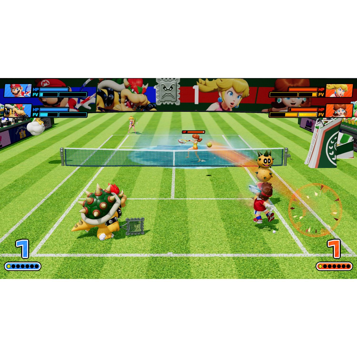 Mario Tennis Aces gameplay. Characters like Bowser and Peach play tennis on a green court. The score is displayed at the sides.