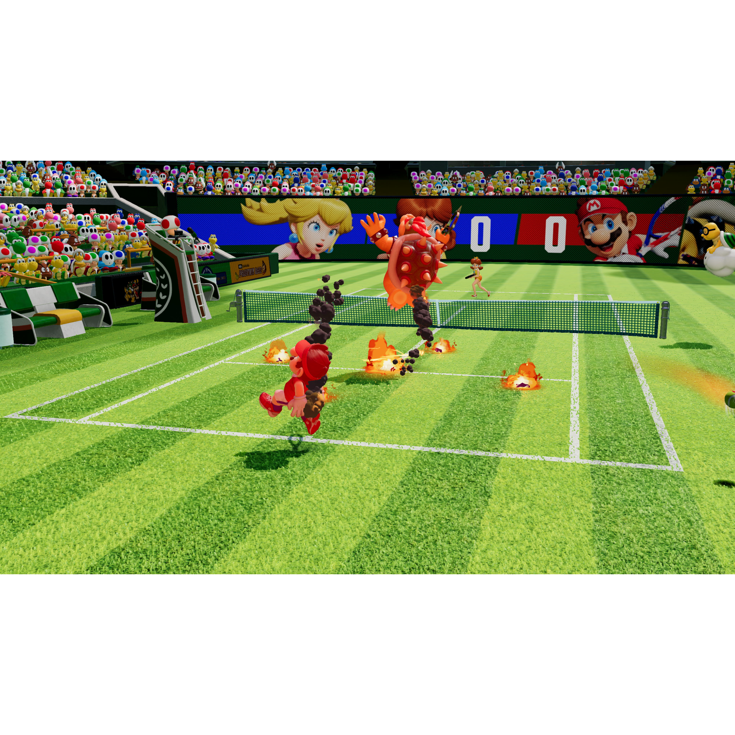 Mario tennis match. Mario and Bowser are playing. Score is 0-0. Crowd in the background, Peach and Mario on a screen.