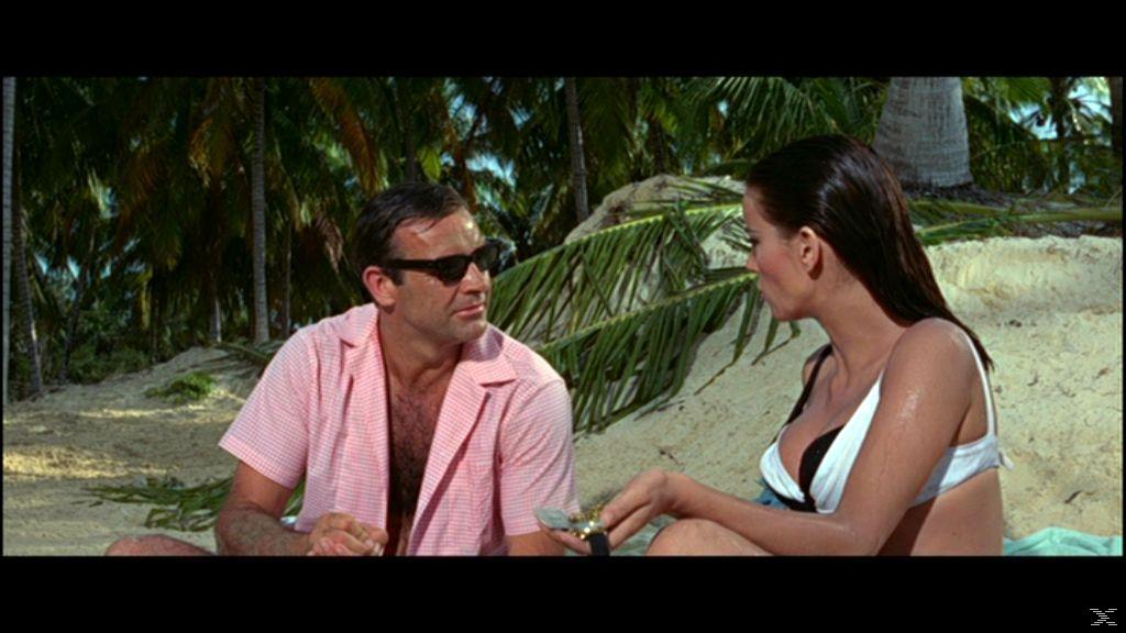 Mann in rosa Hemd und Sonnenbrille, Frau im Bikini, am Strand mit Palmen. Sie sitzen und unterhalten sich.