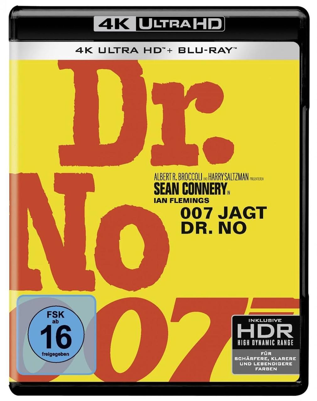 Ein Filmcover für Dr. No. Enthält den Titel in großen roten Buchstaben, Sean Connerys Namen und eine Altersfreigabe von 16 Jahren.