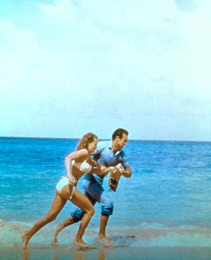 Ein Mann und eine Frau rennen am Strand. Die Frau trägt einen Bikini. Der Mann trägt ein blaues Hemd und Shorts. Meer und Himmel sind sichtbar.