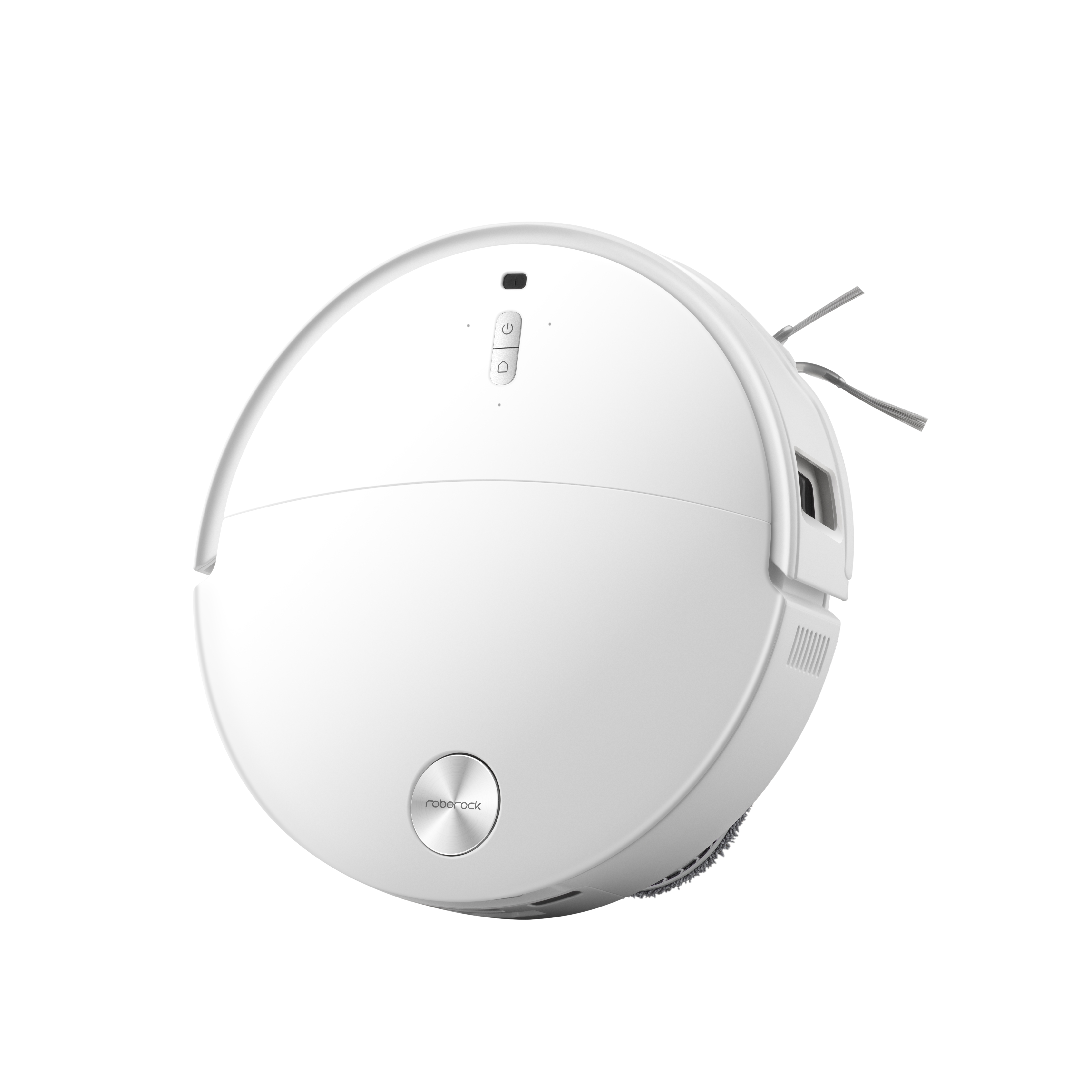 Ein weißer, kreisförmiger Roboter-Staubsauger mit Ein-/Aus- und Home-Tasten. Er hat zwei kleine Bürsten und das Roborock-Logo.