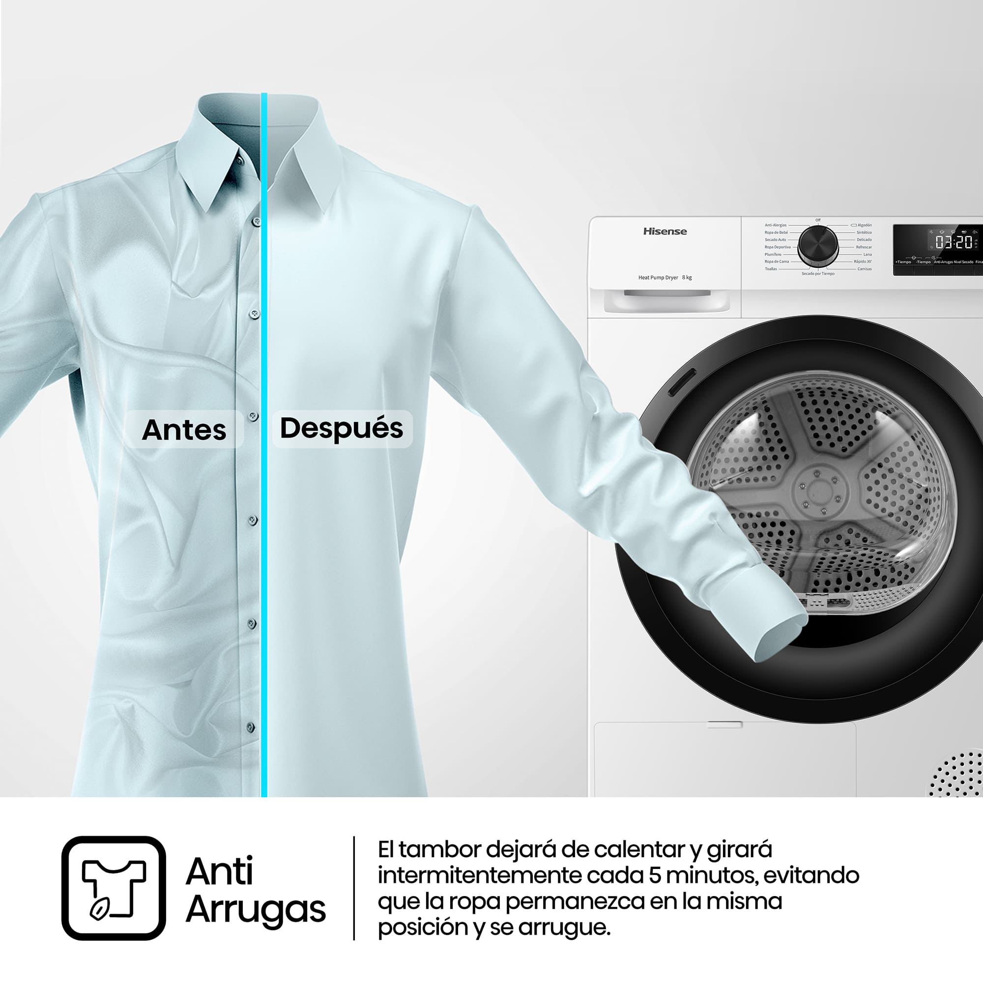Una camisa, antes y después del tratamiento antiarrugas, junto a una secadora Hisense. Etiquetas: Anti-Arrugas, 03:20, Secadora bomba de calor.