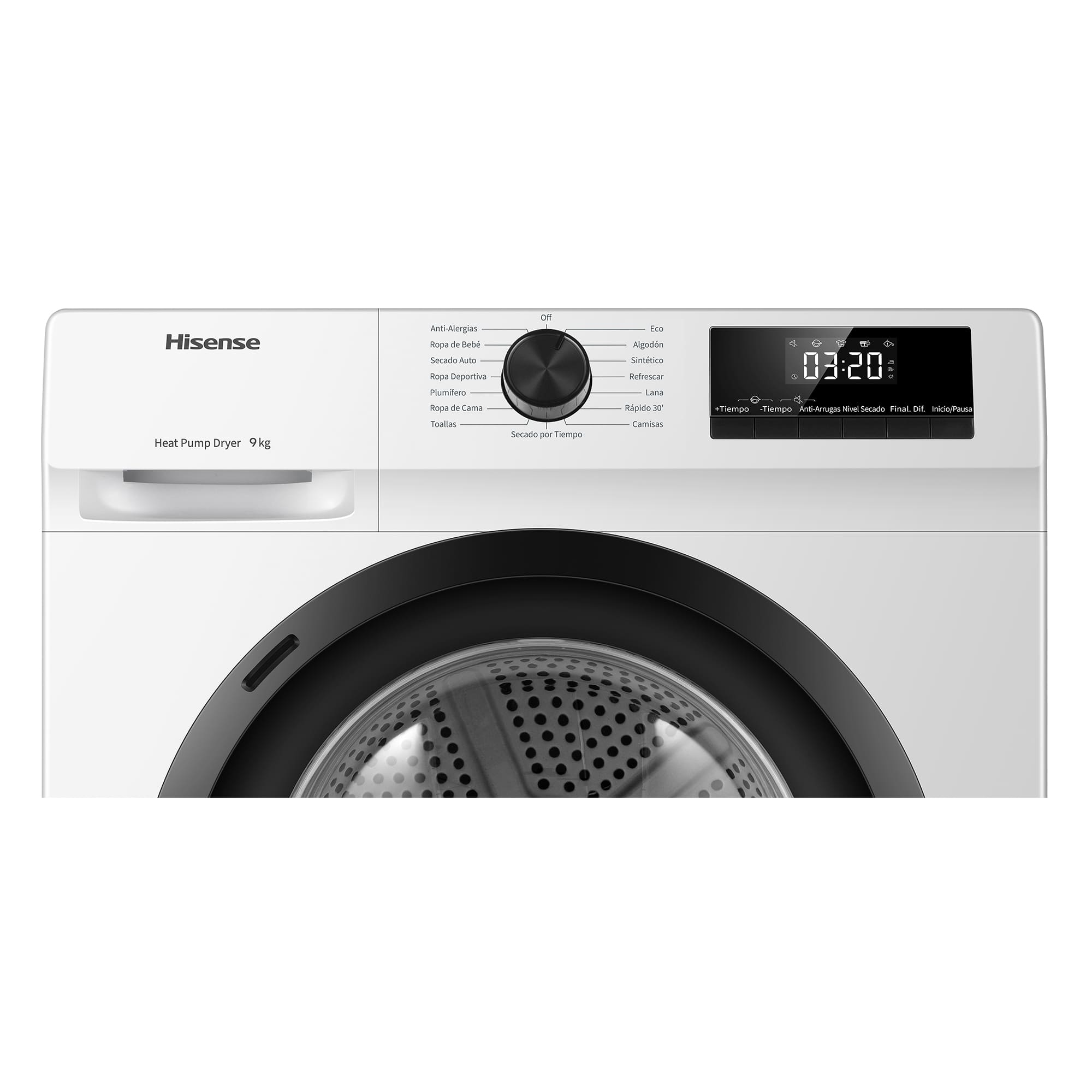 Una secadora de bomba de calor Hisense blanca con una pantalla digital que muestra 03:20. Tiene una perilla de control y opciones.