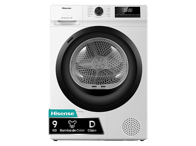REACONDICIONADO Seminuevo Bueno Secadora bomba de calor - Hisense DHQE900UWDC, 9 kg, 16 programas, Anti arrugas, Secado automático, Blanco
