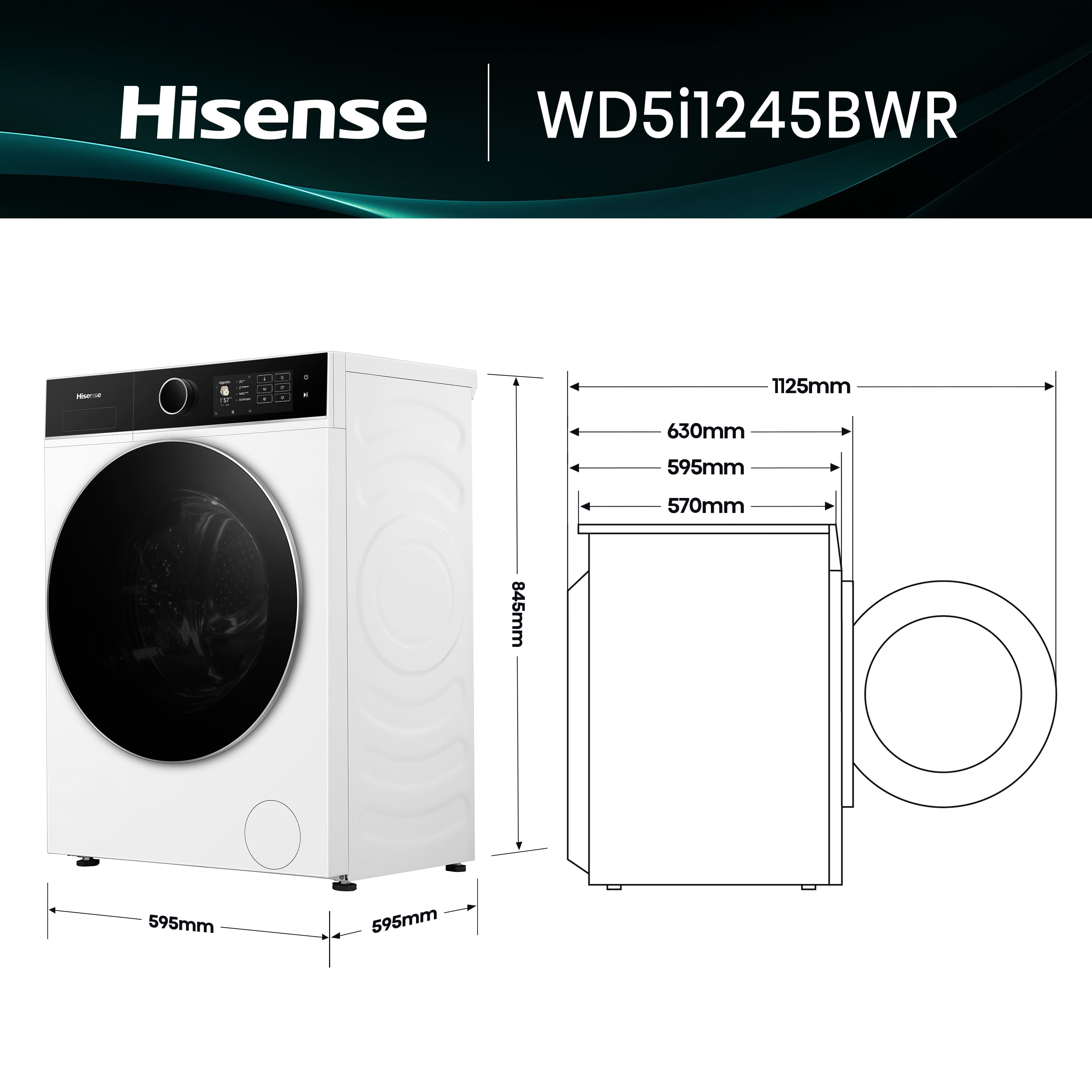 Una lavadora Hisense WD5i1245BWR blanca con dimensiones etiquetadas. Incluye un panel de control negro y una puerta.