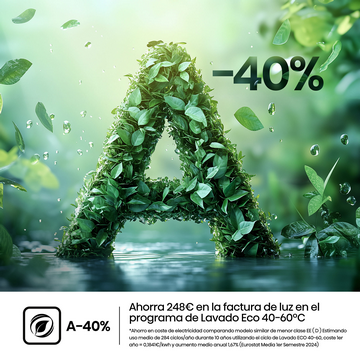 Una letra A hecha de hojas con -40% en un entorno acuático. Texto: Ahorra 248€ en tu factura de electricidad.