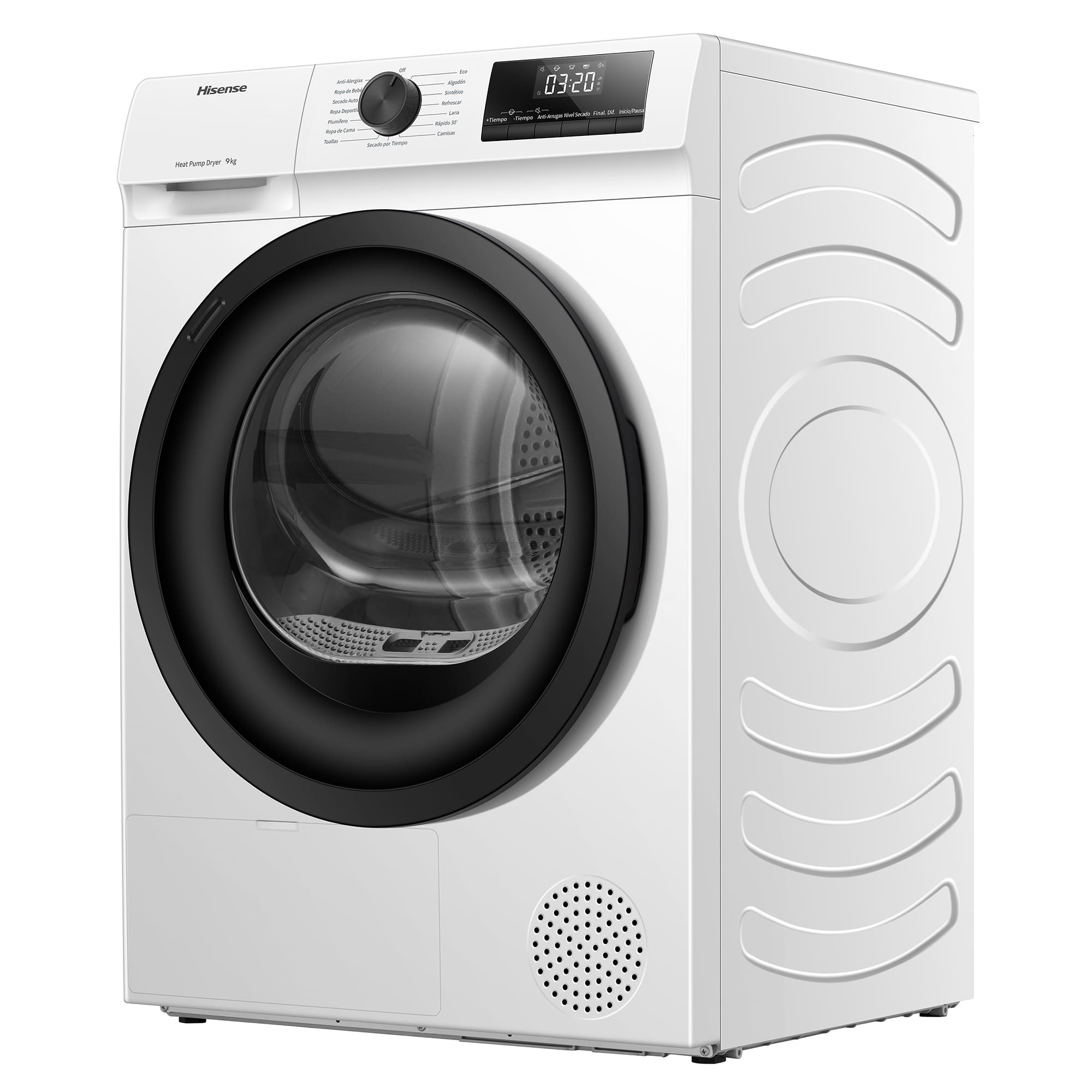 Una secadora Hisense blanca. Cuenta con puerta negra, panel de control con pantalla de tiempo y varias opciones de secado.