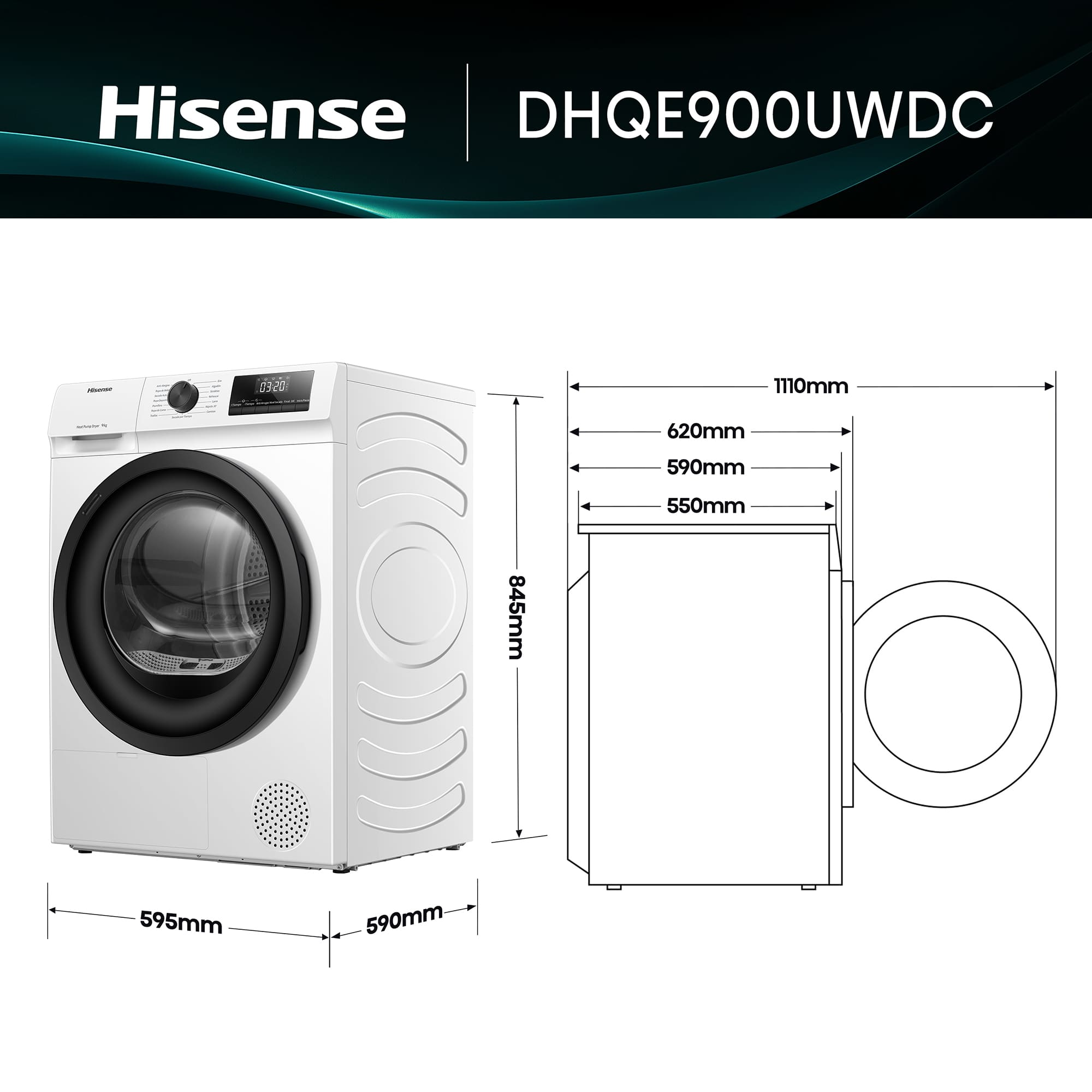 Una secadora blanca Hisense DHQE900UWDC con dimensiones. Tiene una pantalla digital que muestra 03:20. Las medidas están etiquetadas en mm.