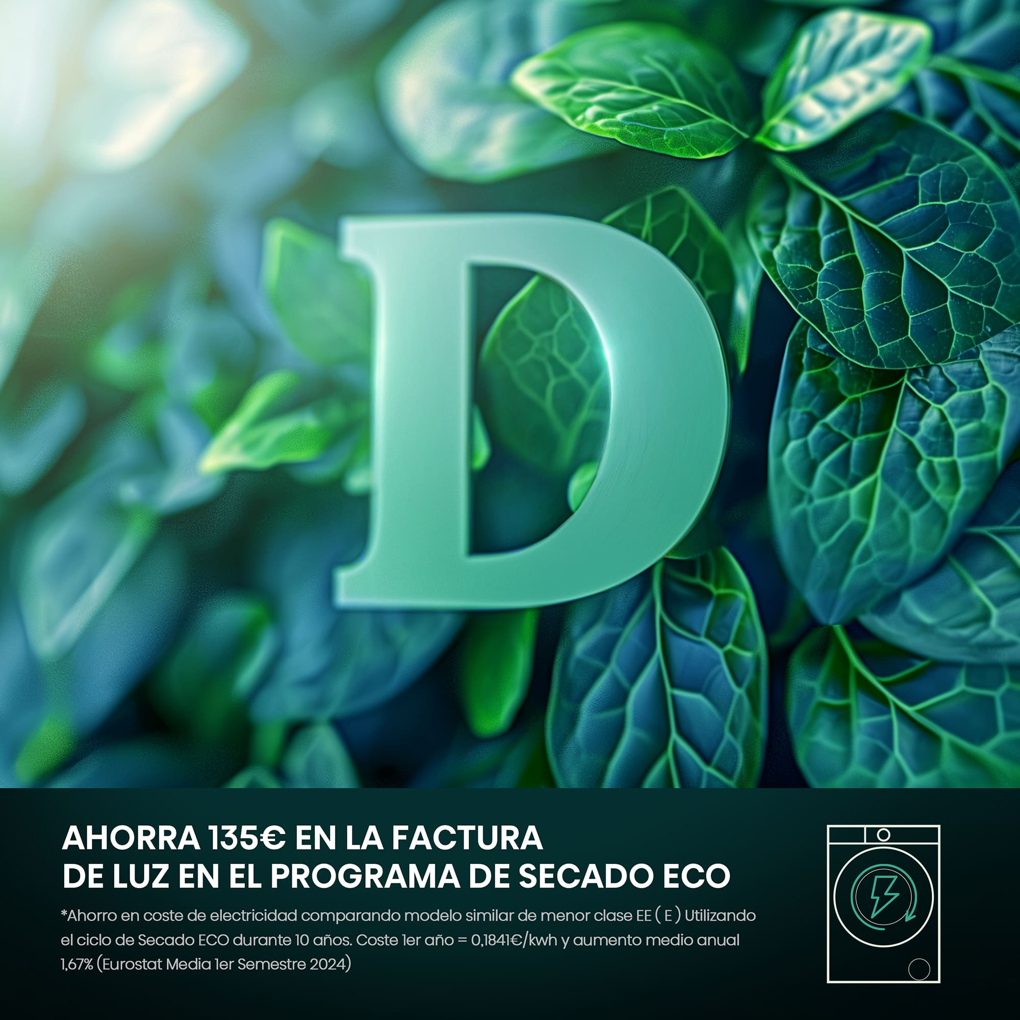 Hojas verdes y una gran letra 'D' dominan la imagen. El texto abajo discute el ahorro energético y hay un icono de lavadora.