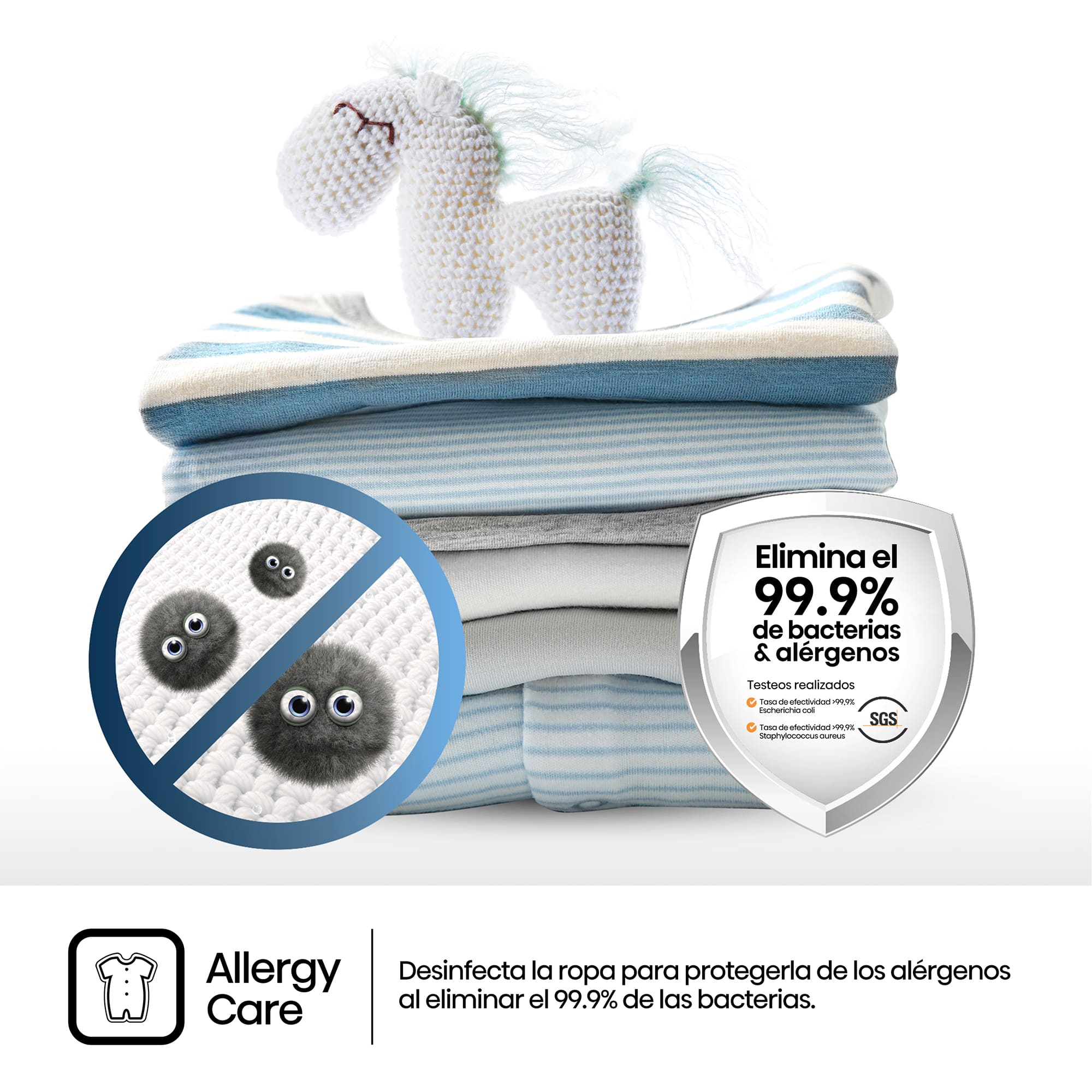 Pila de ropa doblada con un caballo de juguete encima. Un escudo muestra la eliminación del 99,9% de bacterias y alérgenos.