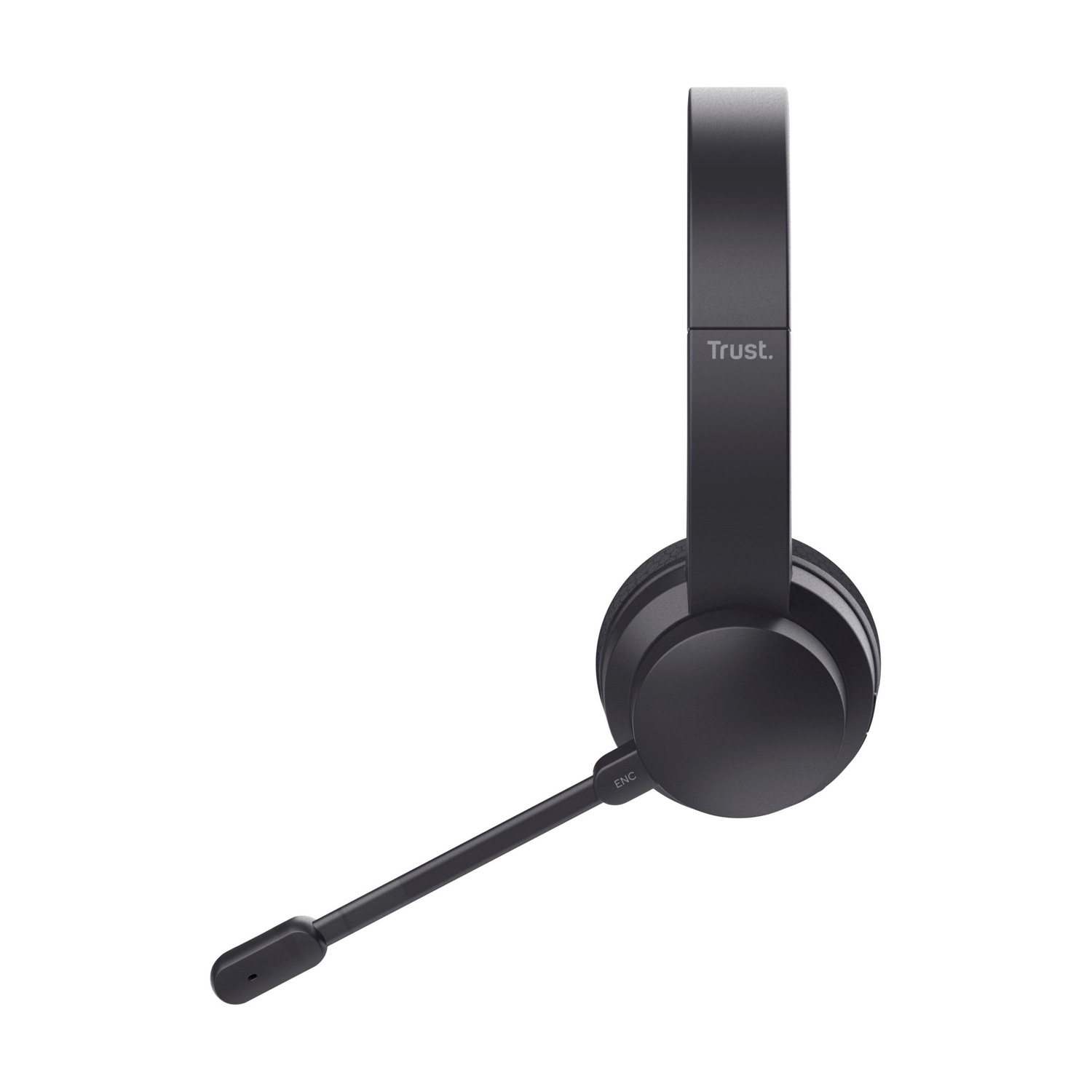 Un auricolare Trust nero con microfono. L'auricolare è su sfondo bianco.