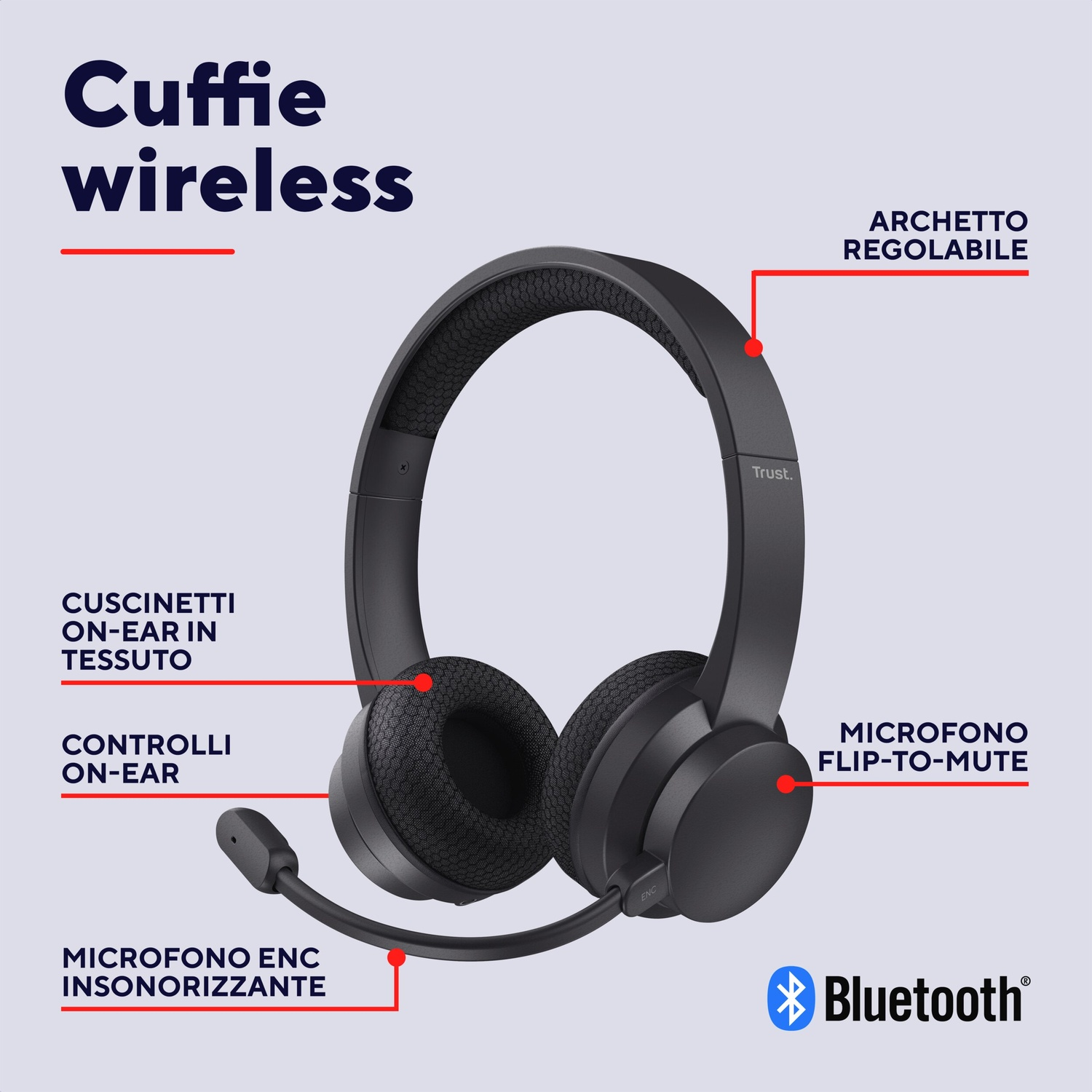 Cuffie wireless nere con archetto regolabile, controlli on-ear e microfono flip-to-mute. Il logo Bluetooth è in basso a destra.