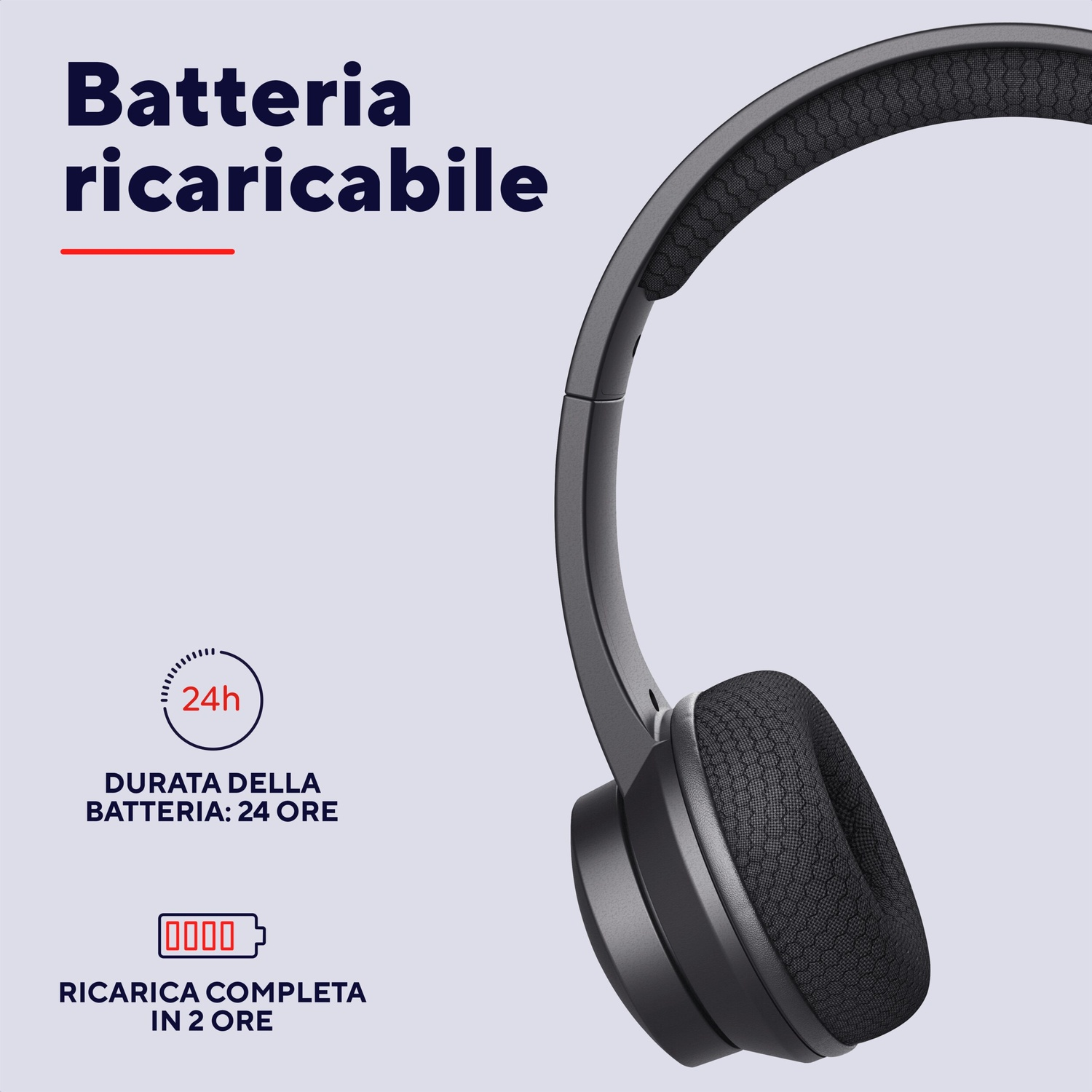 L'immagine mostra una cuffia nera con testo sulla durata della batteria: 24 ore di utilizzo e 2 ore per una ricarica completa.