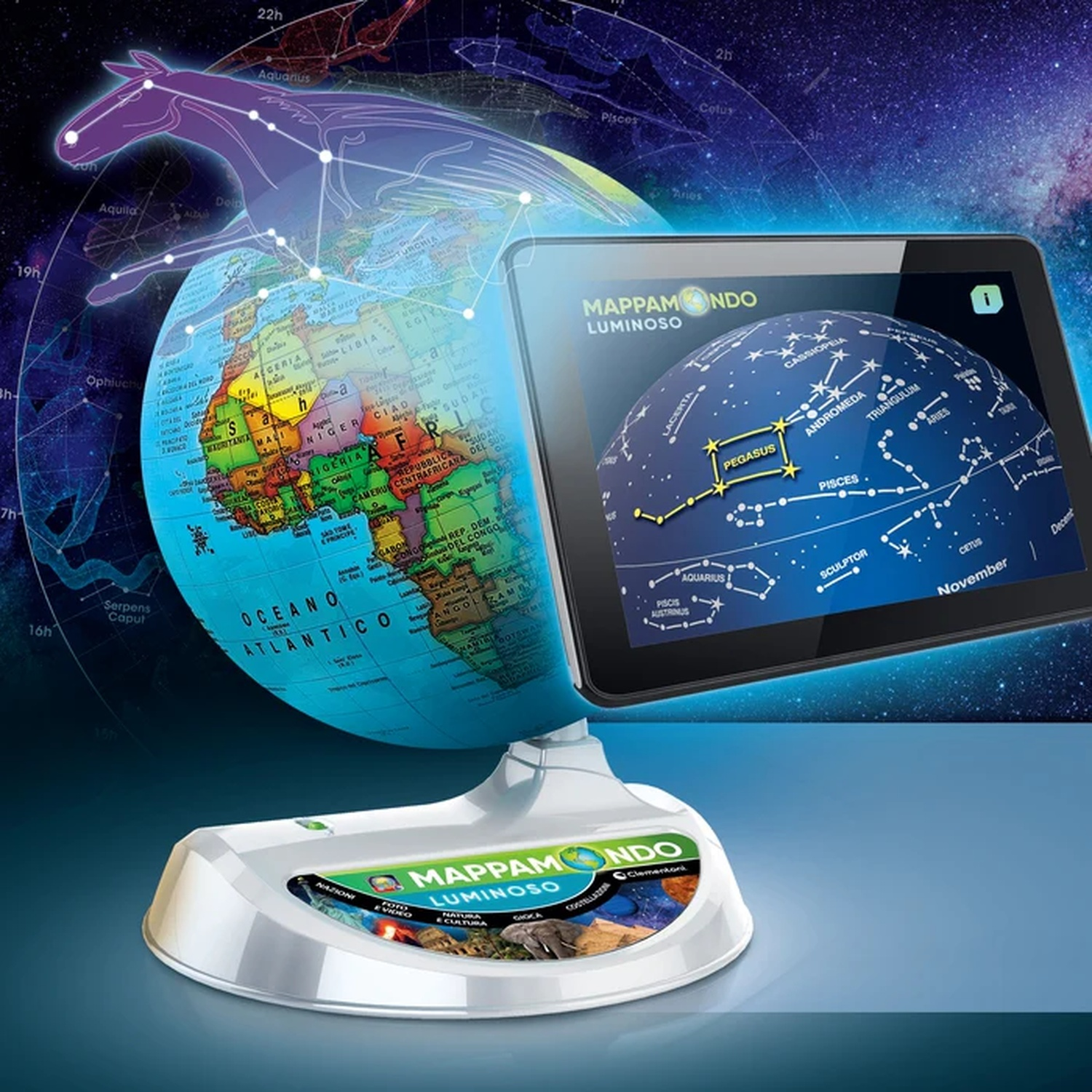 Un mappamondo con un tablet che mostra costellazioni. Figure ed etichette di costellazioni sovrapposte. Sfondo blu.
