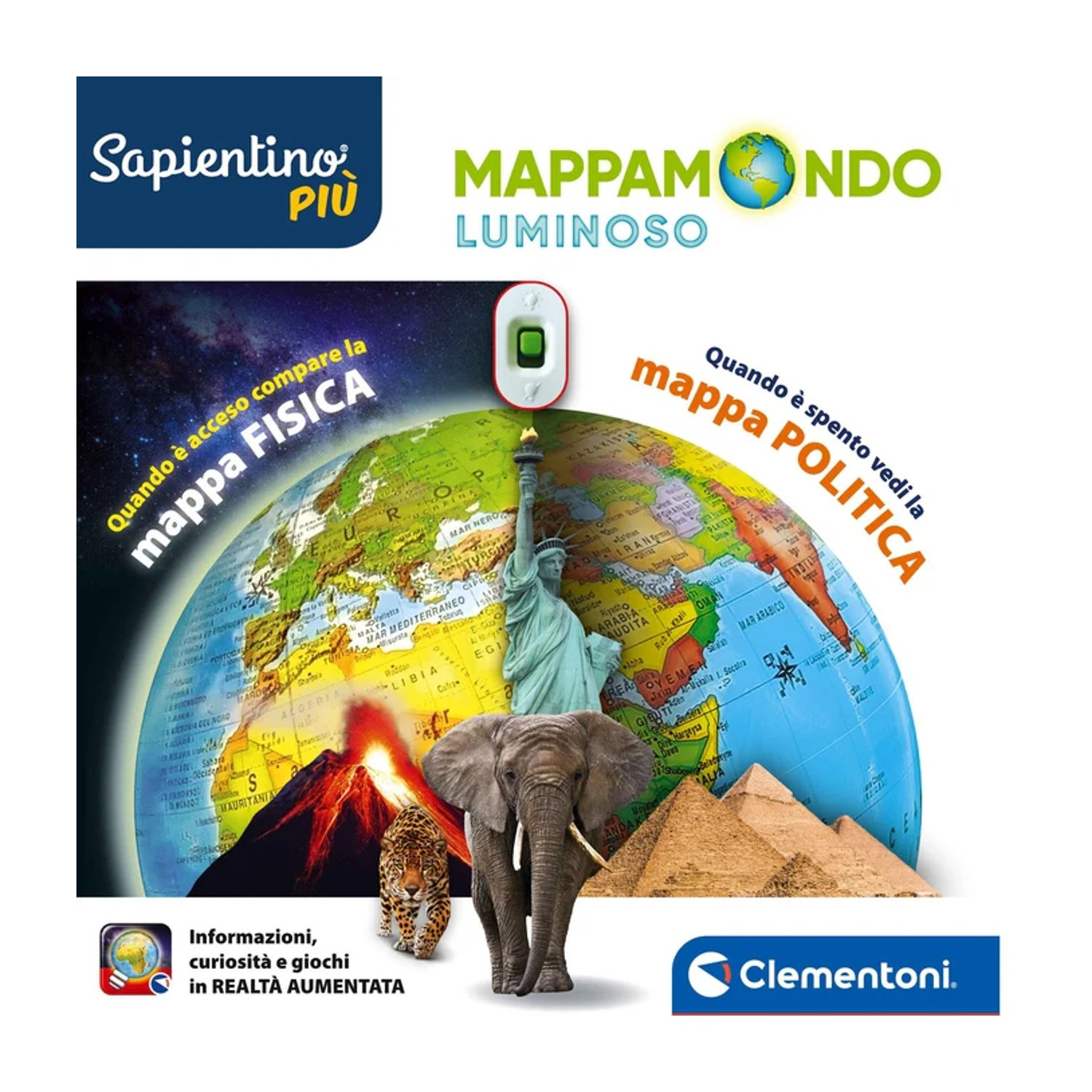 Illustrazione educativa con globo, elefante, leopardo, piramidi e Statua della Libertà, che promuove un giocattolo educativo.