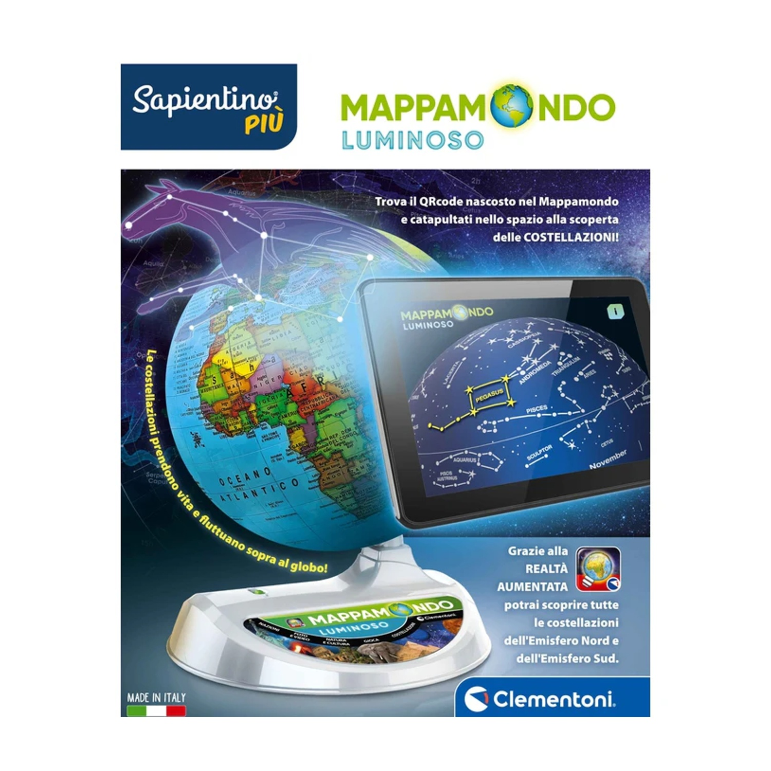 Un mappamondo con un tablet che mostra le costellazioni. Testo sul mappamondo e sul tablet. Immagine colorata e dettagliata.