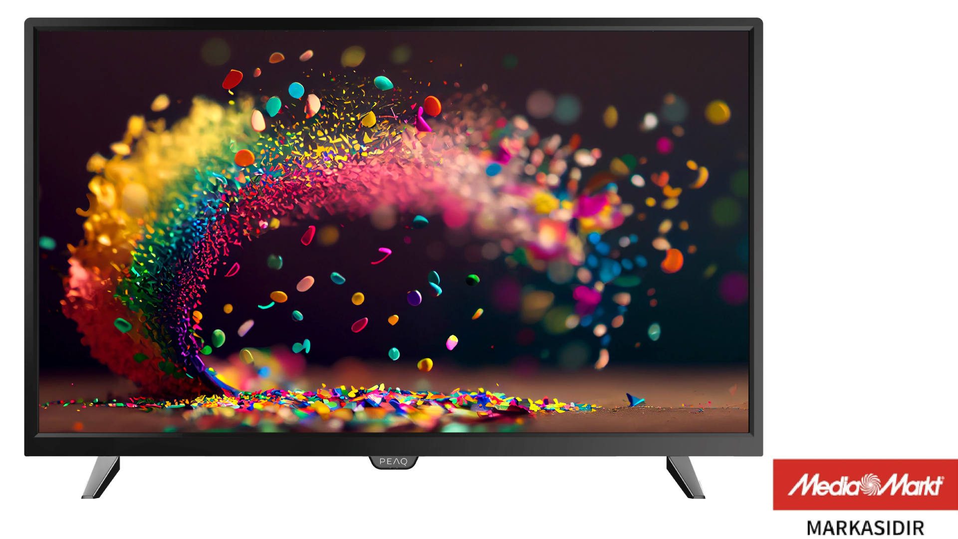 Bir TV, renkli konfetiler görüntülüyor. Ekran, gökkuşağı gibi renkler içeriyor. TV, Media Markt logosuyla siyah renktedir.