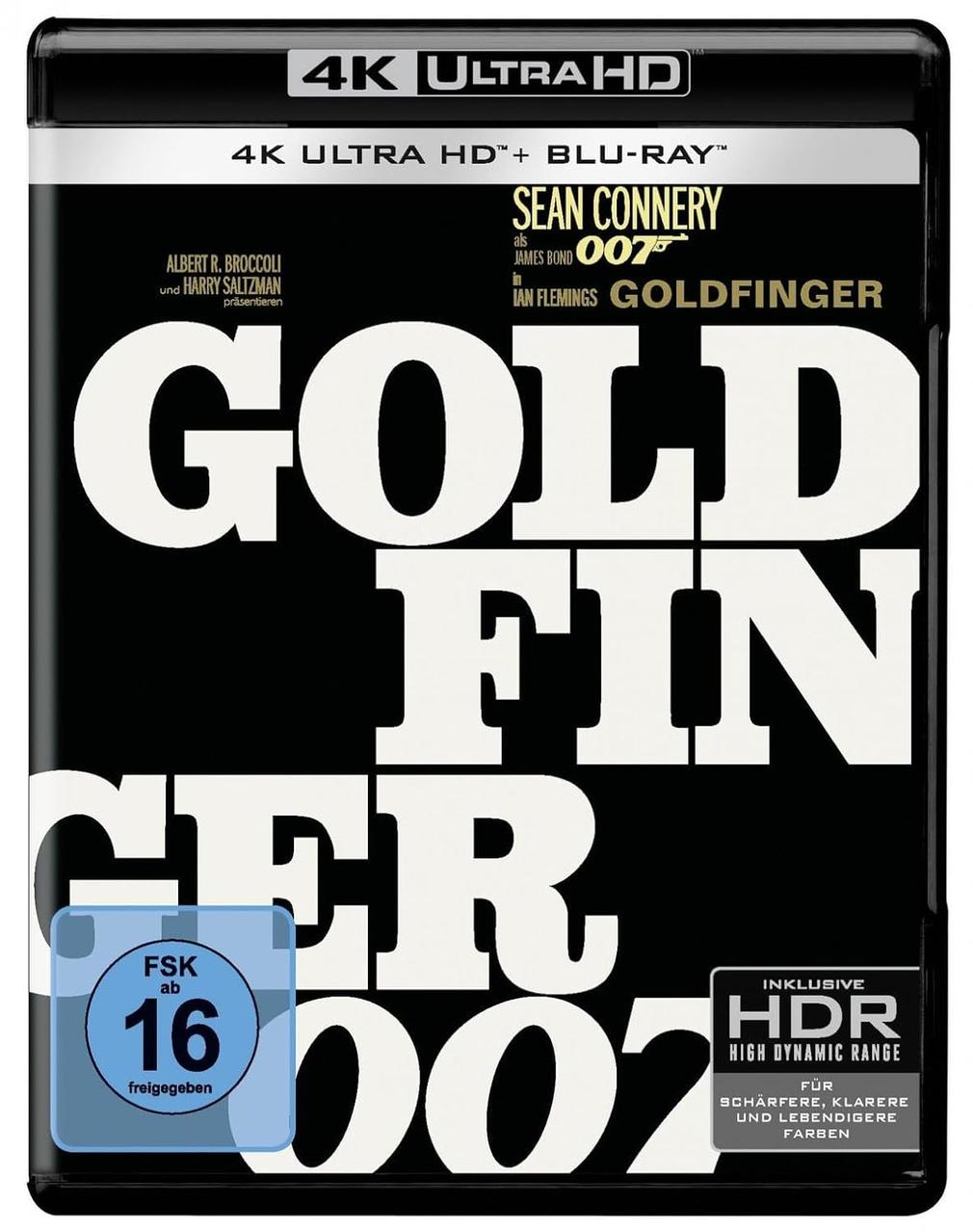 Goldfinger Blu-ray-Cover. Mit Sean Connery als James Bond. Text lautet: 4K Ultra HD, FSK 16-Einstufung und HDR.