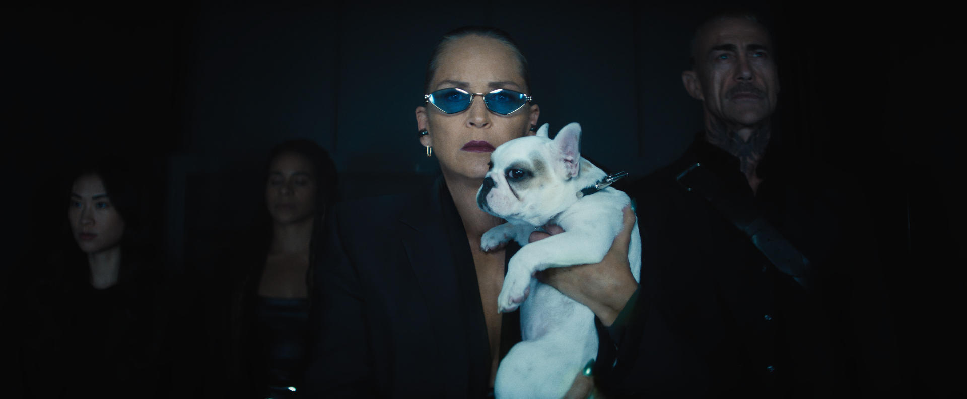 Frau mit Sonnenbrille hält einen weißen Hund. Im Hintergrund stehen zwei weitere Personen. Dunkle Umgebung.