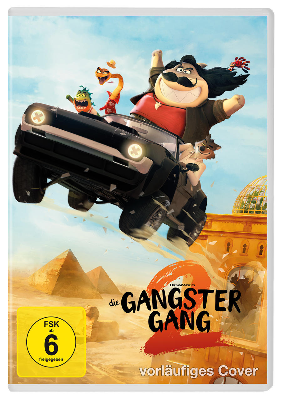 Cartoon-Bild eines Autos mit Tierfiguren. Das Auto fliegt über Pyramiden. Der Titel des Films lautet 'die GANGSTER GANG'.