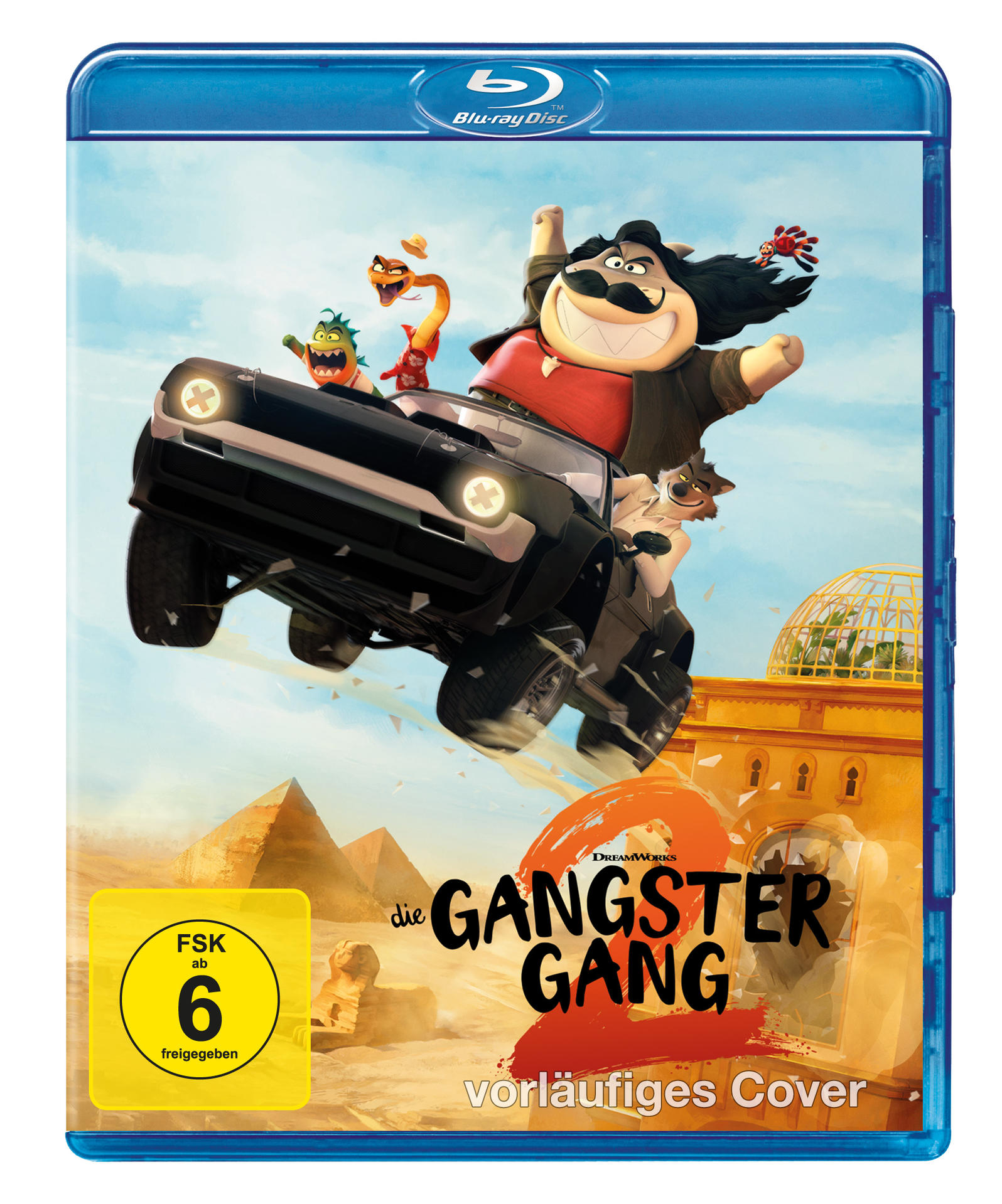 Blu-ray-Cover. Zeichentrickfiguren in einem Auto, Pyramiden im Hintergrund. Titel: Die Gangster Gang. Bewertung: FSK ab 6.