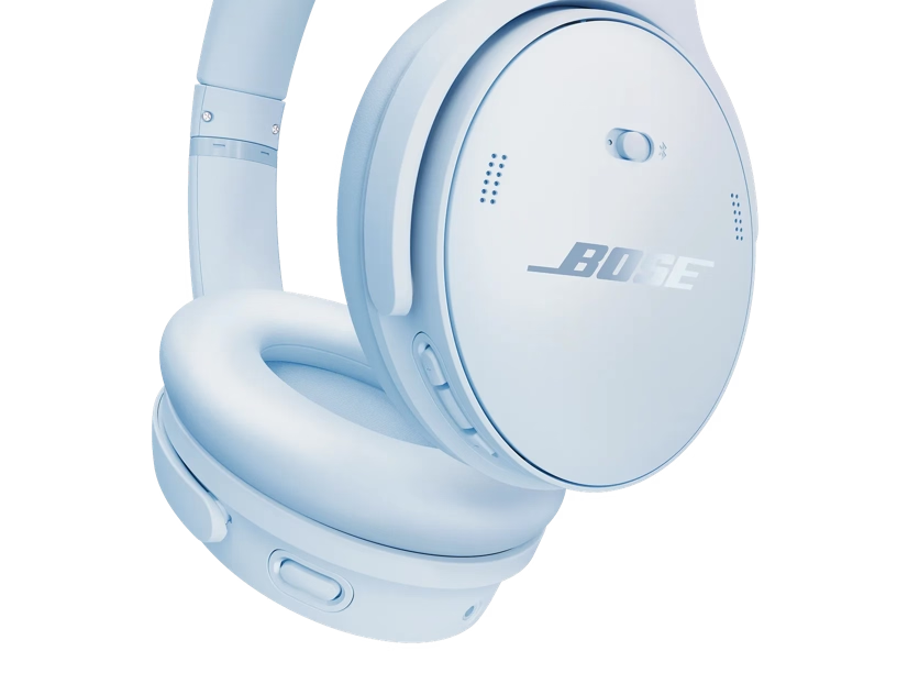 Ein hellblauer Bose-Kopfhörer wird gezeigt, wobei das Logo der Marke sichtbar ist. Die Kopfhörer befinden sich auf weißem Hintergrund. Das Design ist modern.