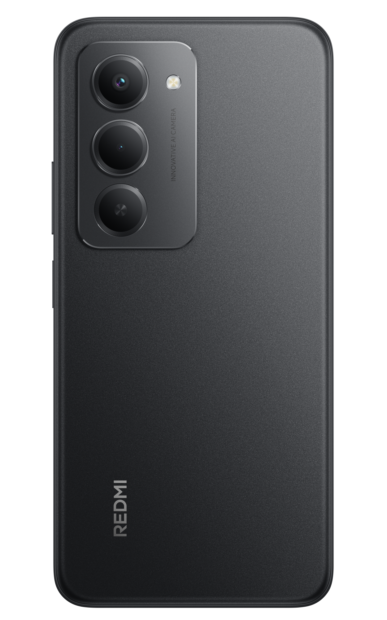 Tył ciemnoszarego telefonu Redmi. Ma trzy obiektywy aparatu na górze, nazwę marki na dole.