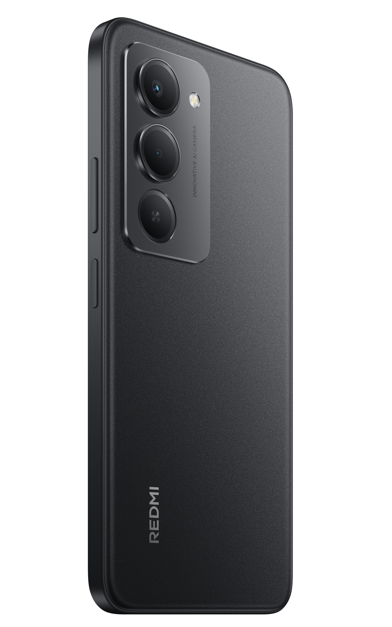 Czarny smartfon Redmi. Moduł aparatu ma trzy obiektywy. Tył jest teksturowany. Nazwa marki jest wydrukowana na dole.