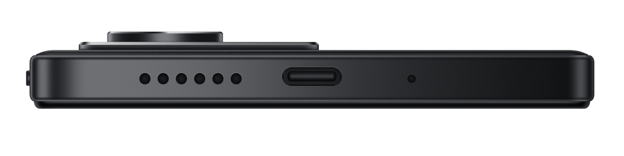 Zbliżenie boku czarnego urządzenia. Pokazuje aparat, głośniki, port USB-C i otwór mikrofonu na czarnym tle.