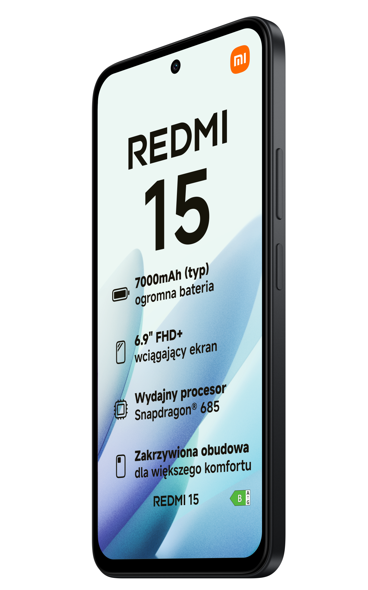 Smartfon z czarną ramką i wyświetlaczem z specyfikacjami. Telefon oznaczony 'REDMI 15' z kluczowymi funkcjami.