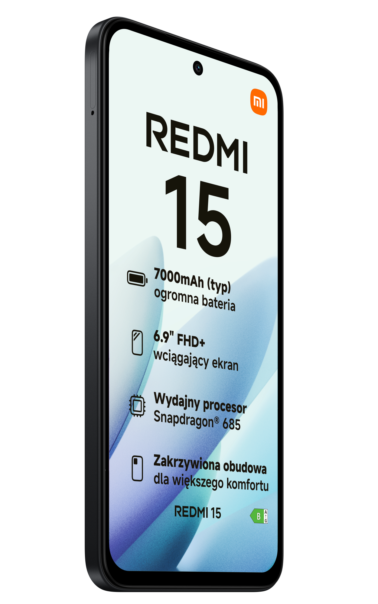 Czarny smartfon Redmi 15, prezentujący funkcje takie jak bateria 7000mAh i wyświetlacz 6,9 cala FHD+, na czarnym tle.