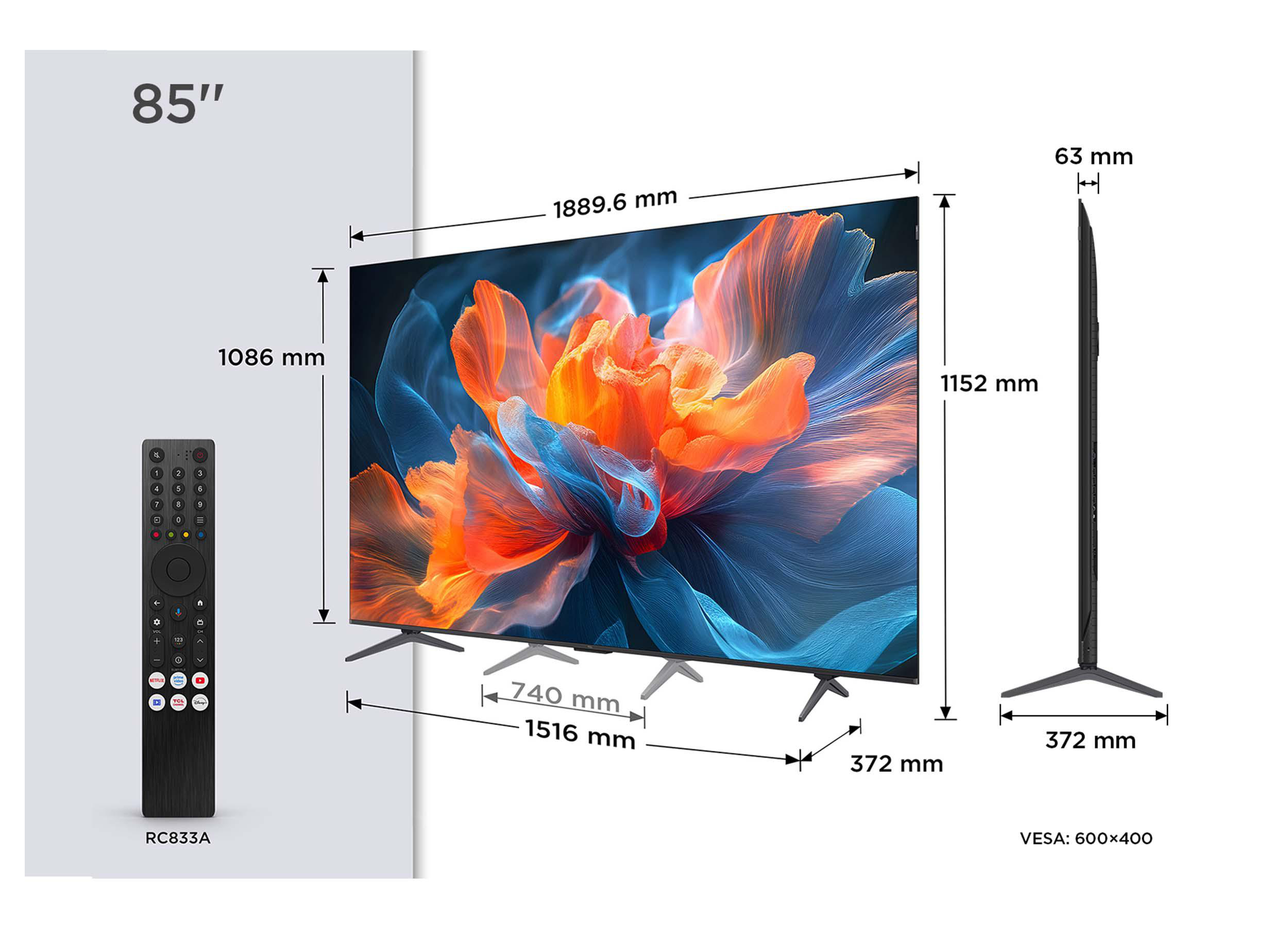 Ein 85"-Fernseher mit Abmessungen, Fernbedienung und Maßen. Der Bildschirm zeigt bunte abstrakte Kunst.