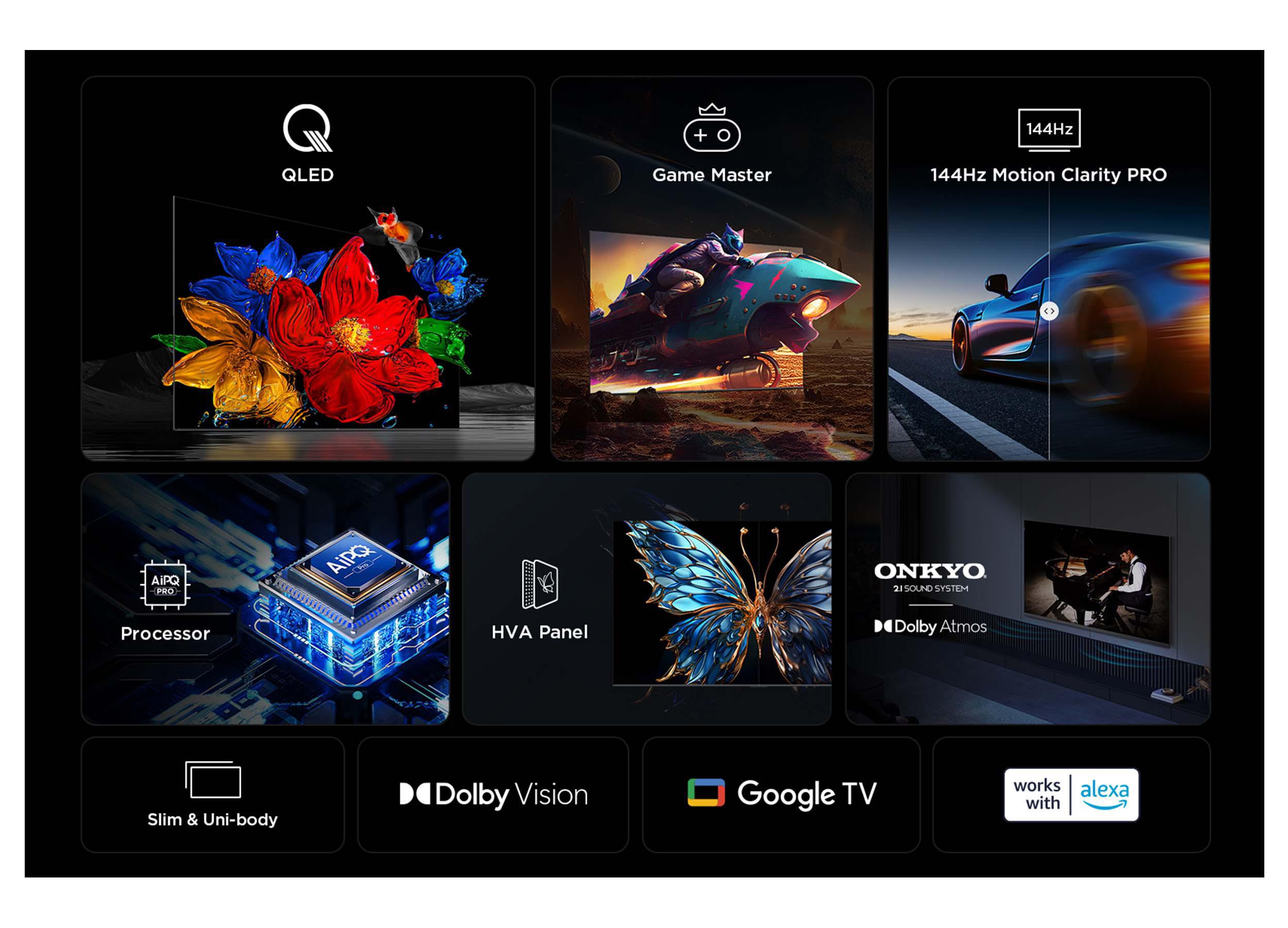 Ein TV-Bildschirm zeigt Funktionen wie QLED, Game Master, 144Hz, Prozessor, HVA-Panel, Dolby Atmos, Dolby Vision und Google TV.