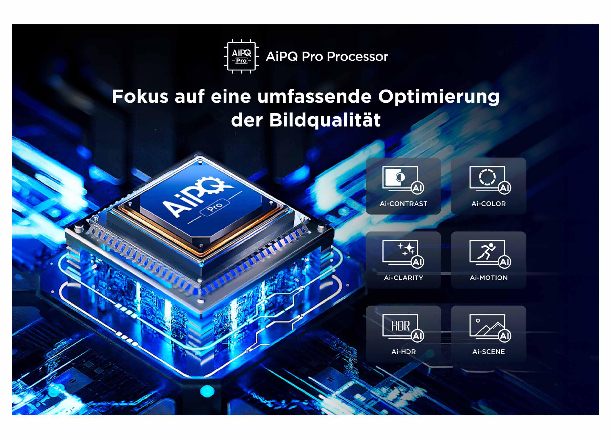 Ein KI-Prozessor mit Text und Symbolen für Bildverbesserungsfunktionen, vor blauem Hintergrund.