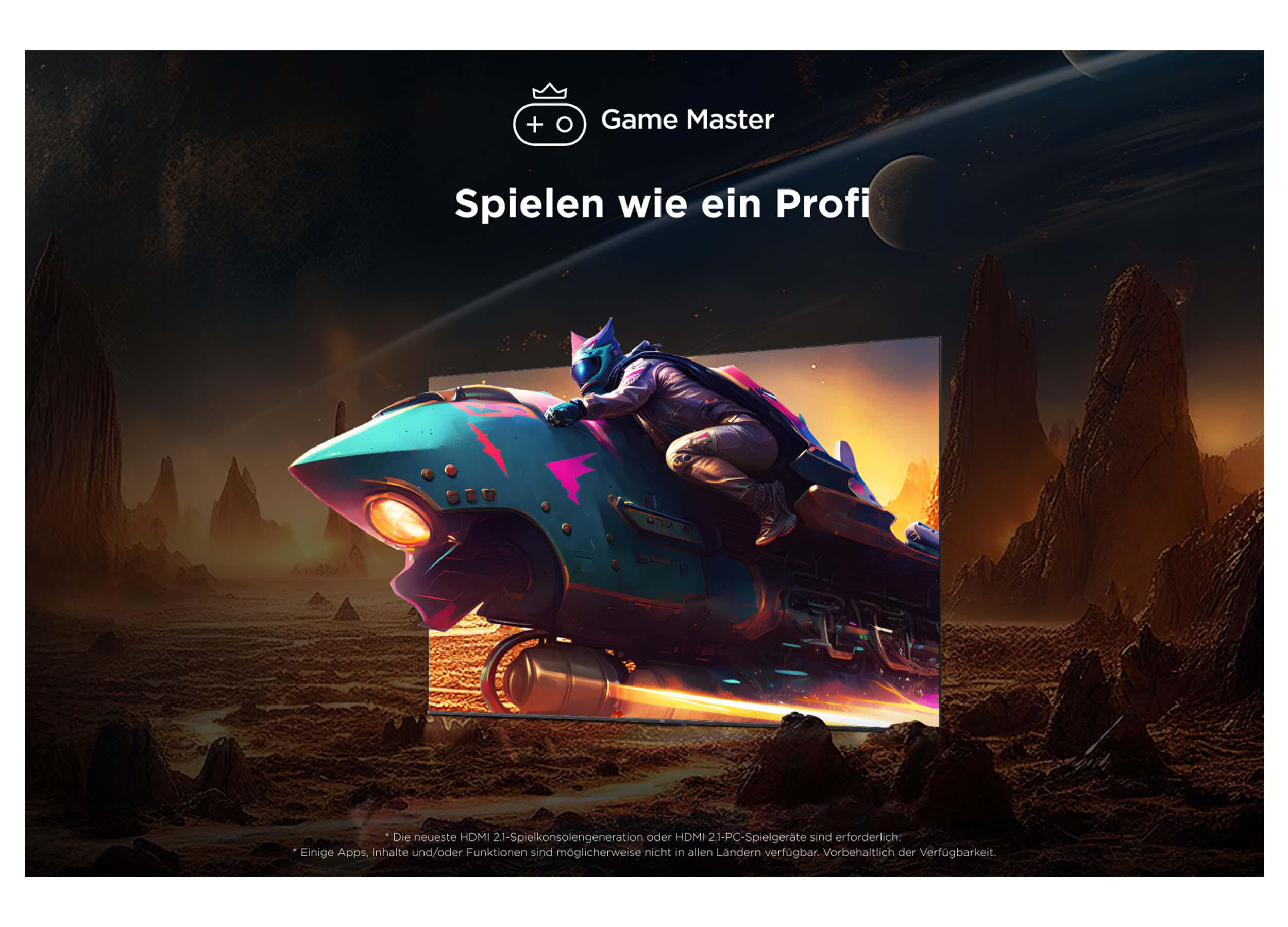 Ein futuristisches Fahrzeug fliegt über eine braune Landschaft. Eine Person mit Helm steuert es. Der Hintergrund hat Planeten und Berge.