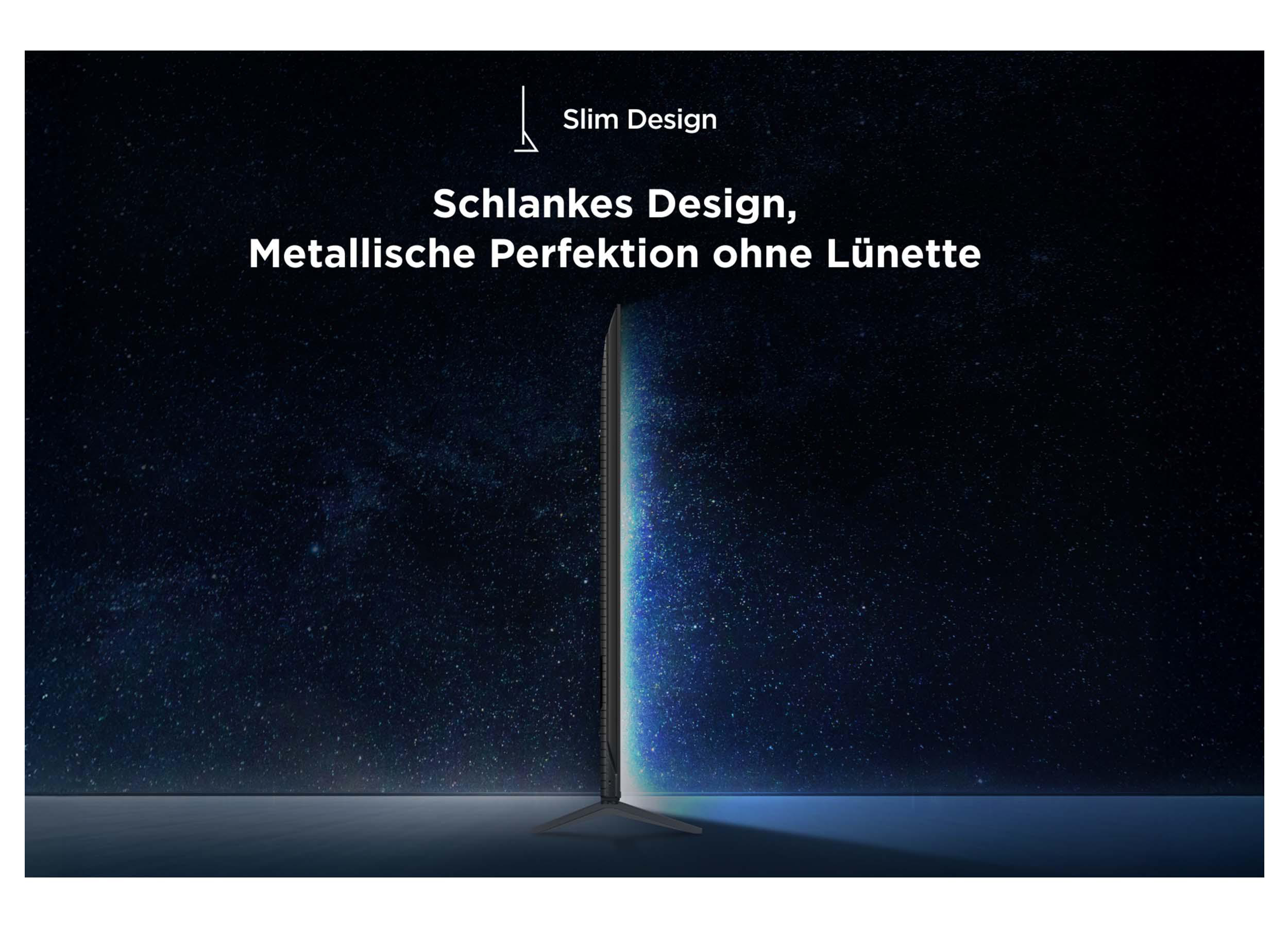 Ein schlankes TV-Design wird vor einem sternenklaren Hintergrund gezeigt. Es wird als metallische Perfektion ohne Blende beschrieben.