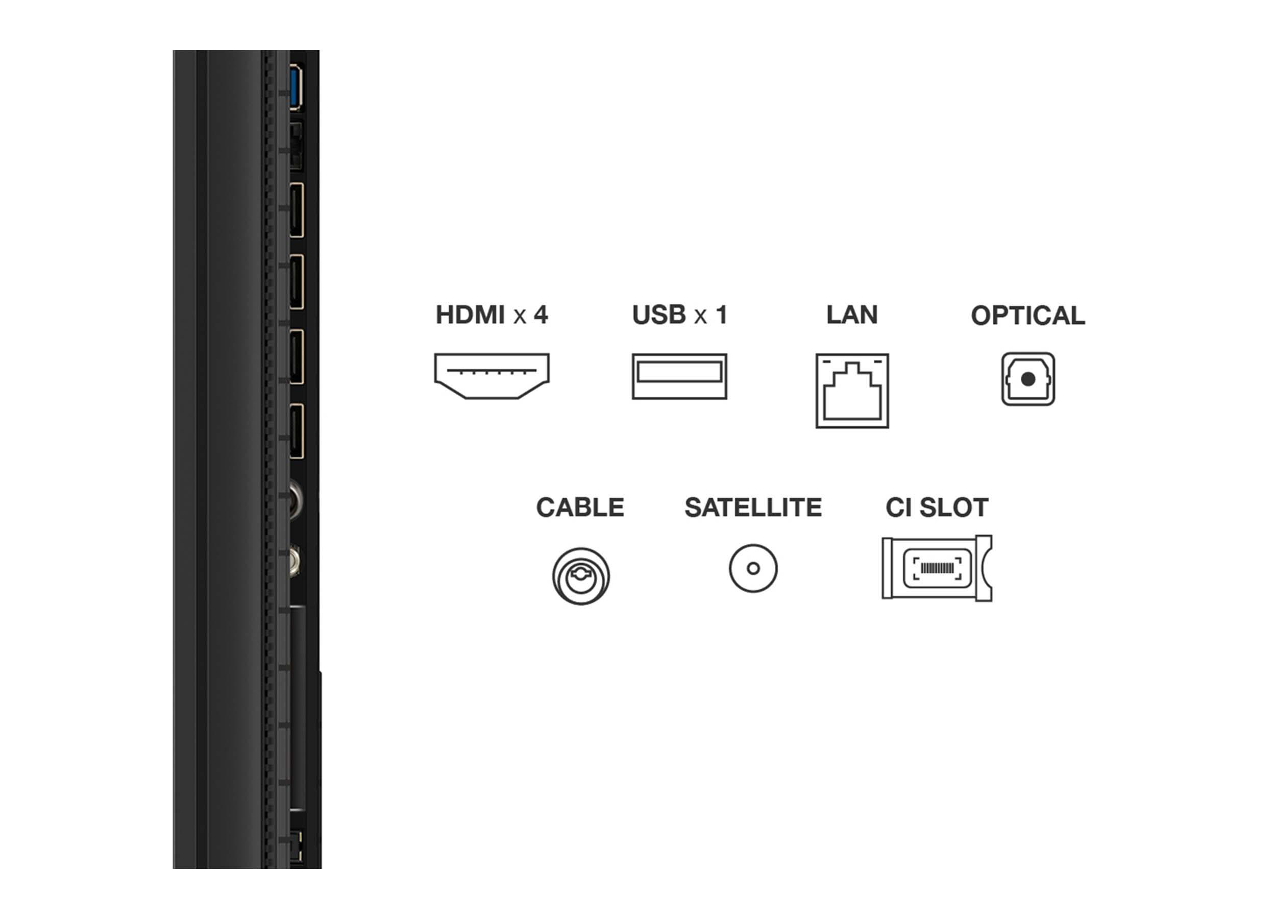 TV-Anschlüsse umfassen HDMI, USB, LAN, Optical, Kabel, Satellit und CI-Slot auf weißem Hintergrund. Eine schwarze TV-Seite links.