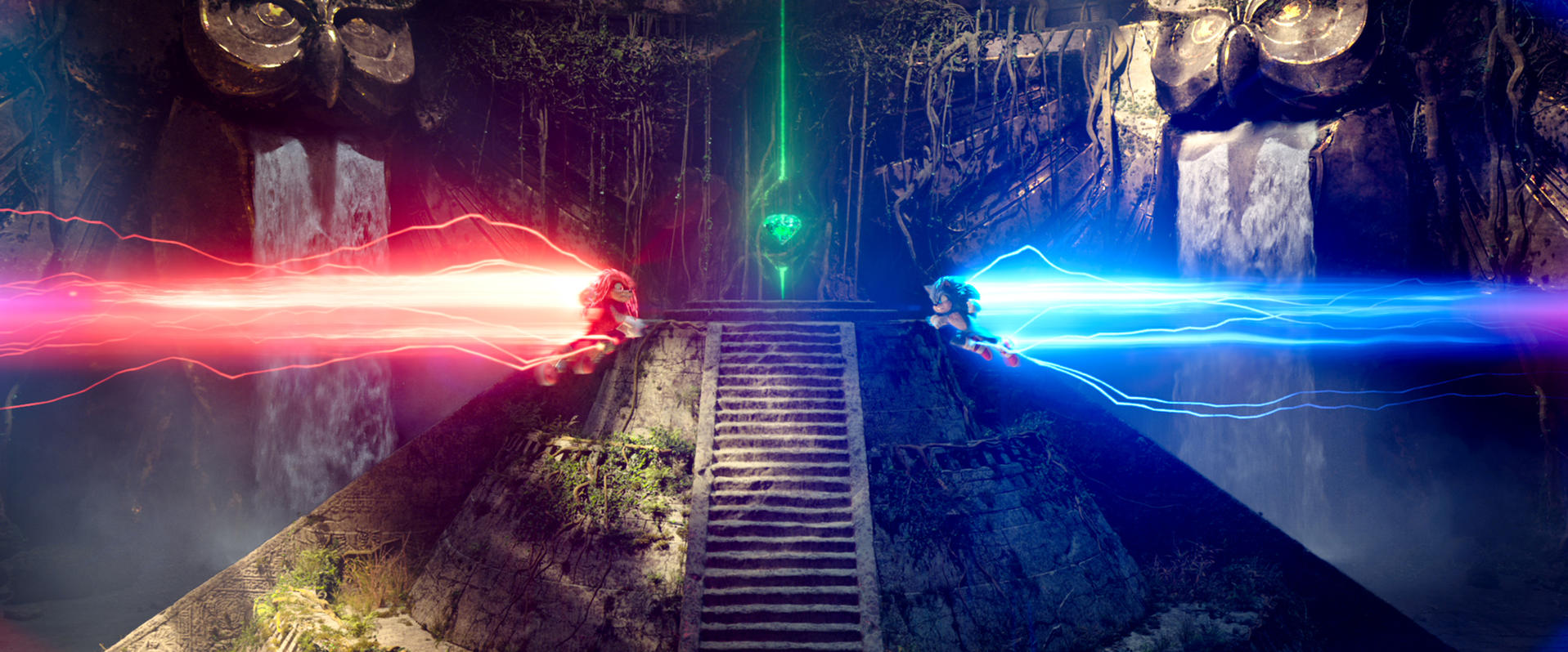 Sonic und Knuckles rasen auf einen grünen Edelstein zu. Rote und blaue Energiestrahlen gehen aus. Die Szene spielt in einem Steintempel.