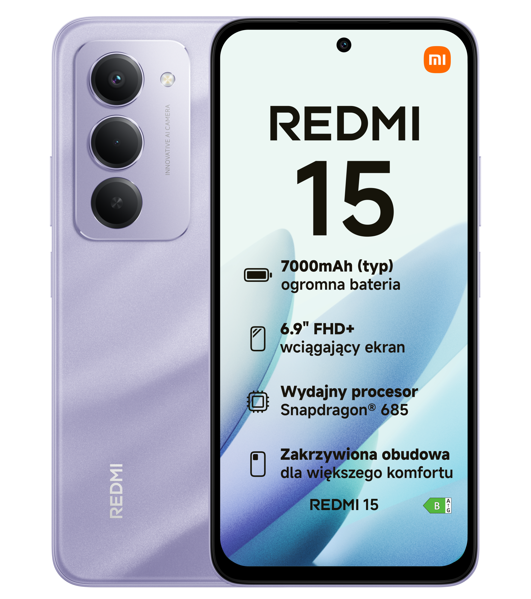 Wyświetlany jest fioletowy telefon Redmi 15 z trzema aparatami. Ekran pokazuje specyfikacje i logo Redmi.
